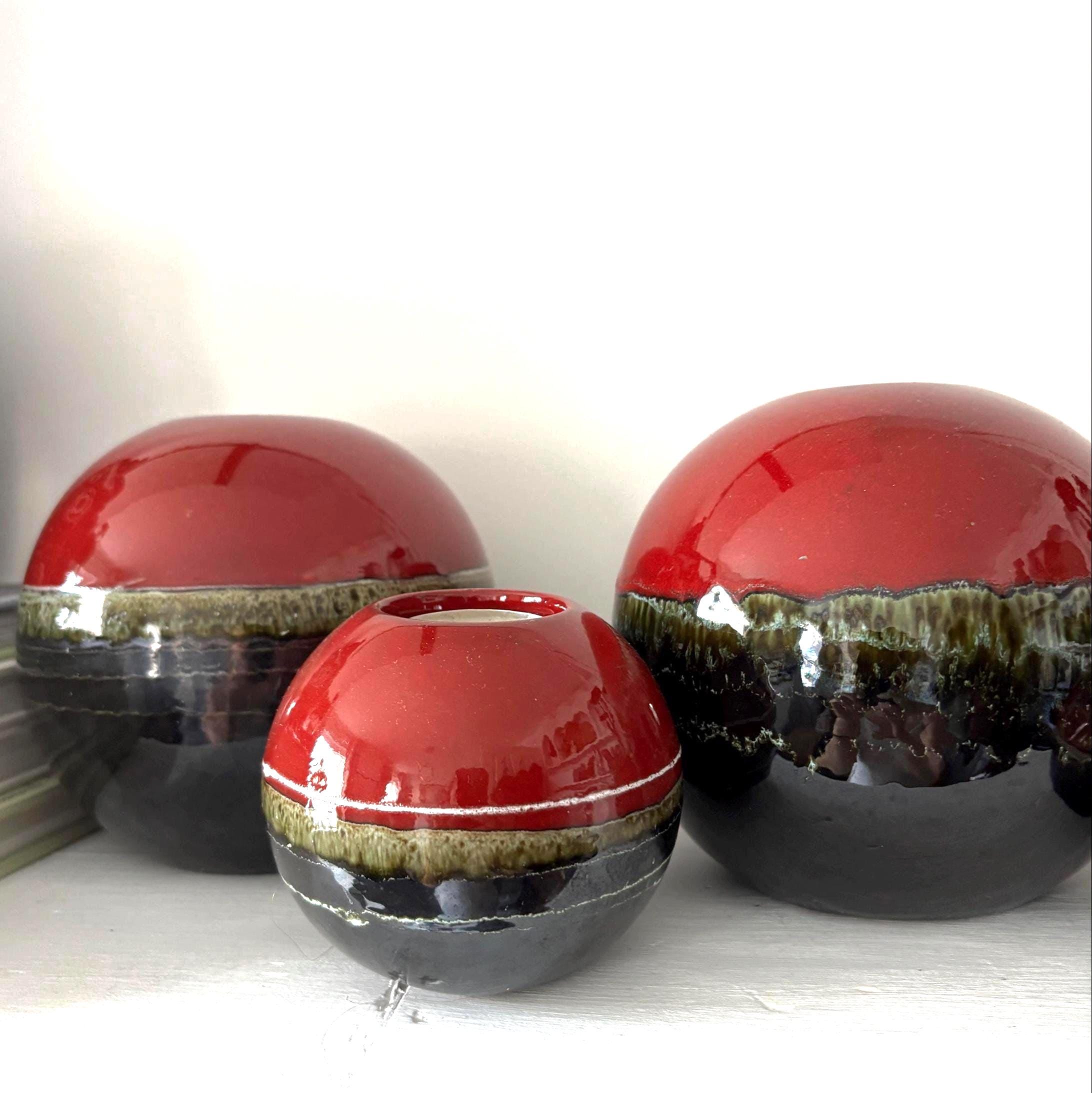 Vintage Portuguese Ceramic Candle Burners Set of 5 Red Black Glazed Tea-light Holders