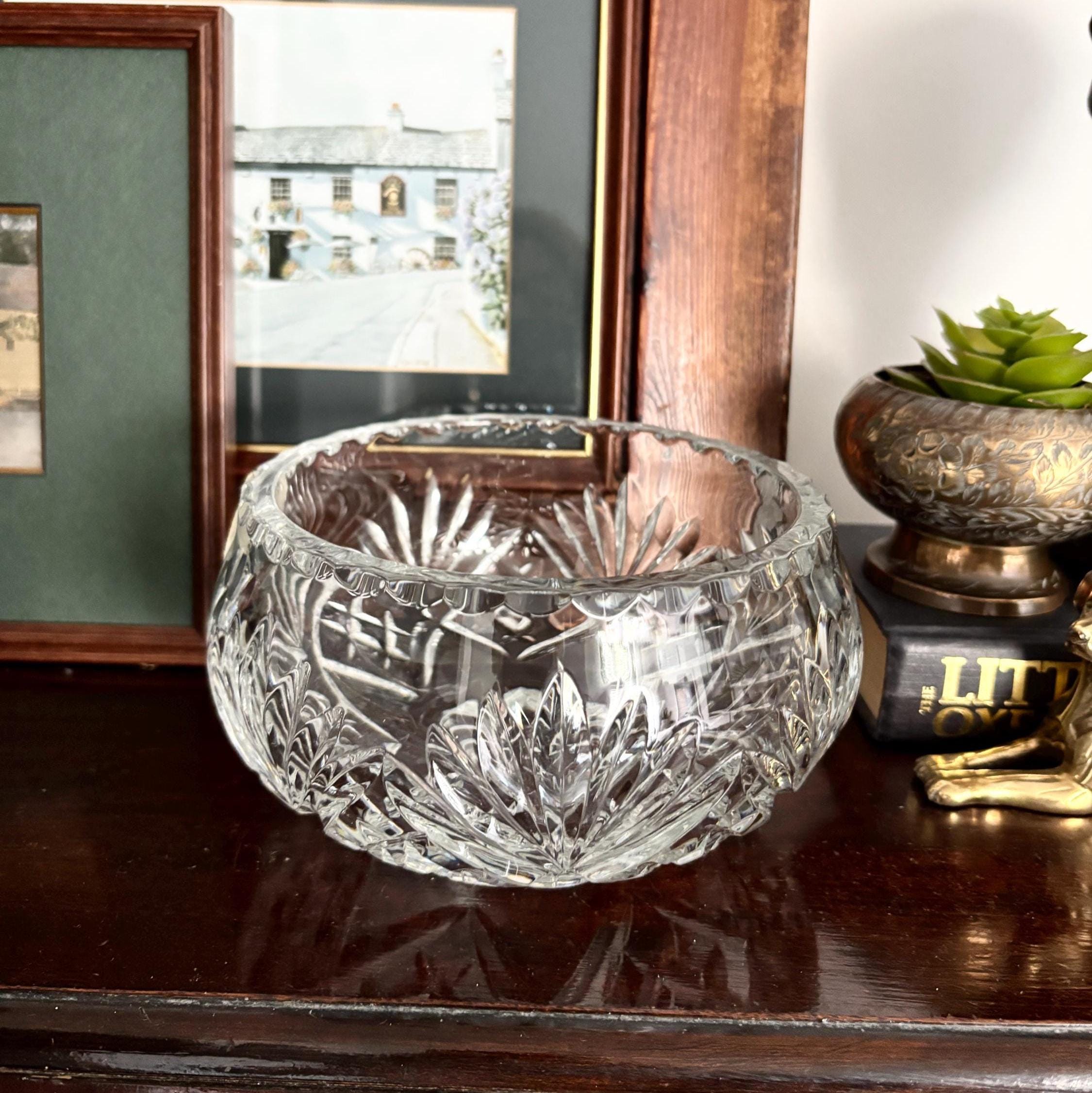 Vintage Russian Lead Crystal Flower Frog Bowl With Metal Grid Hand Cut Crystal Centrepiece