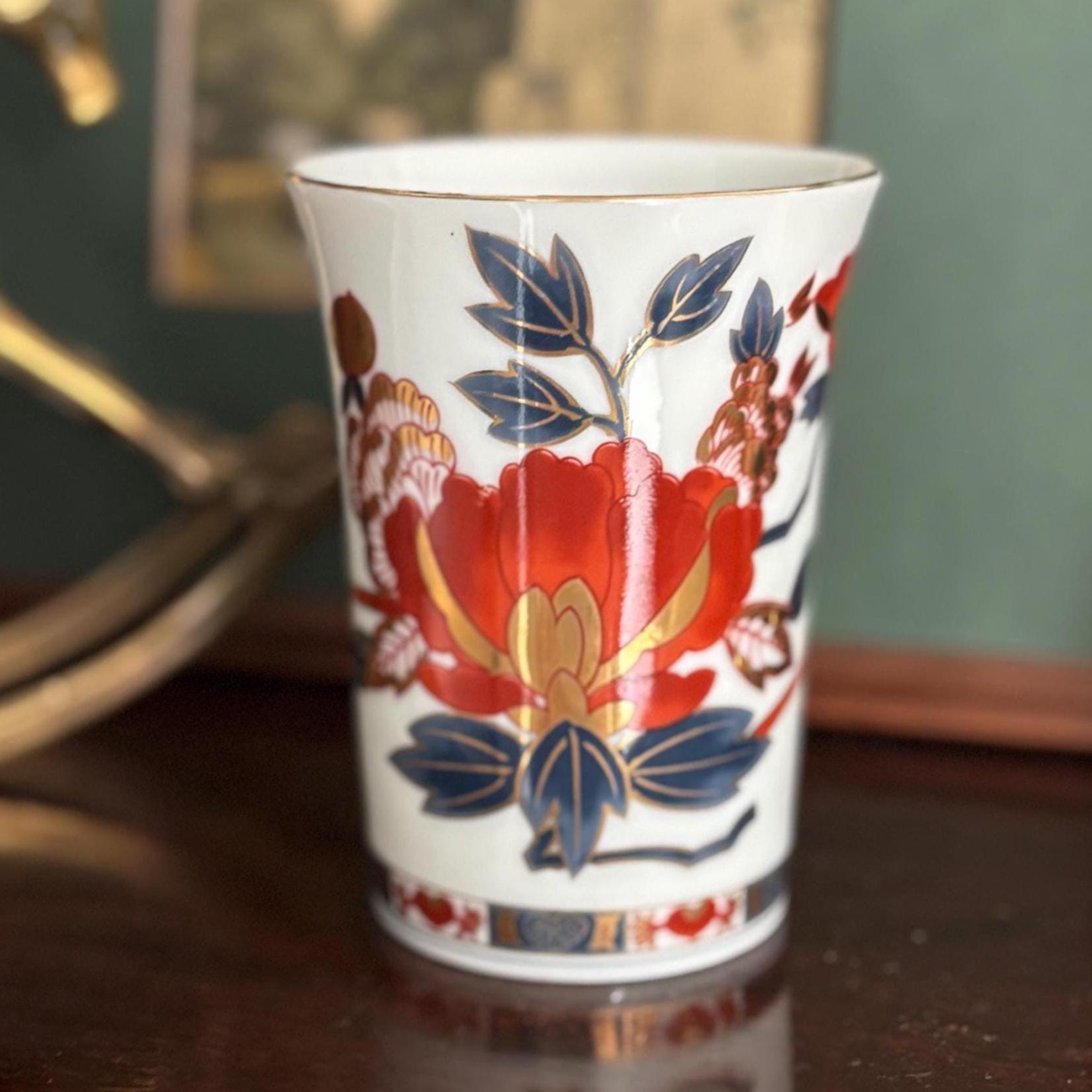 Vintage Japanese Imari Style Porcelain Tumbler Cup Iwai Pottery Red Blue Gold Floral