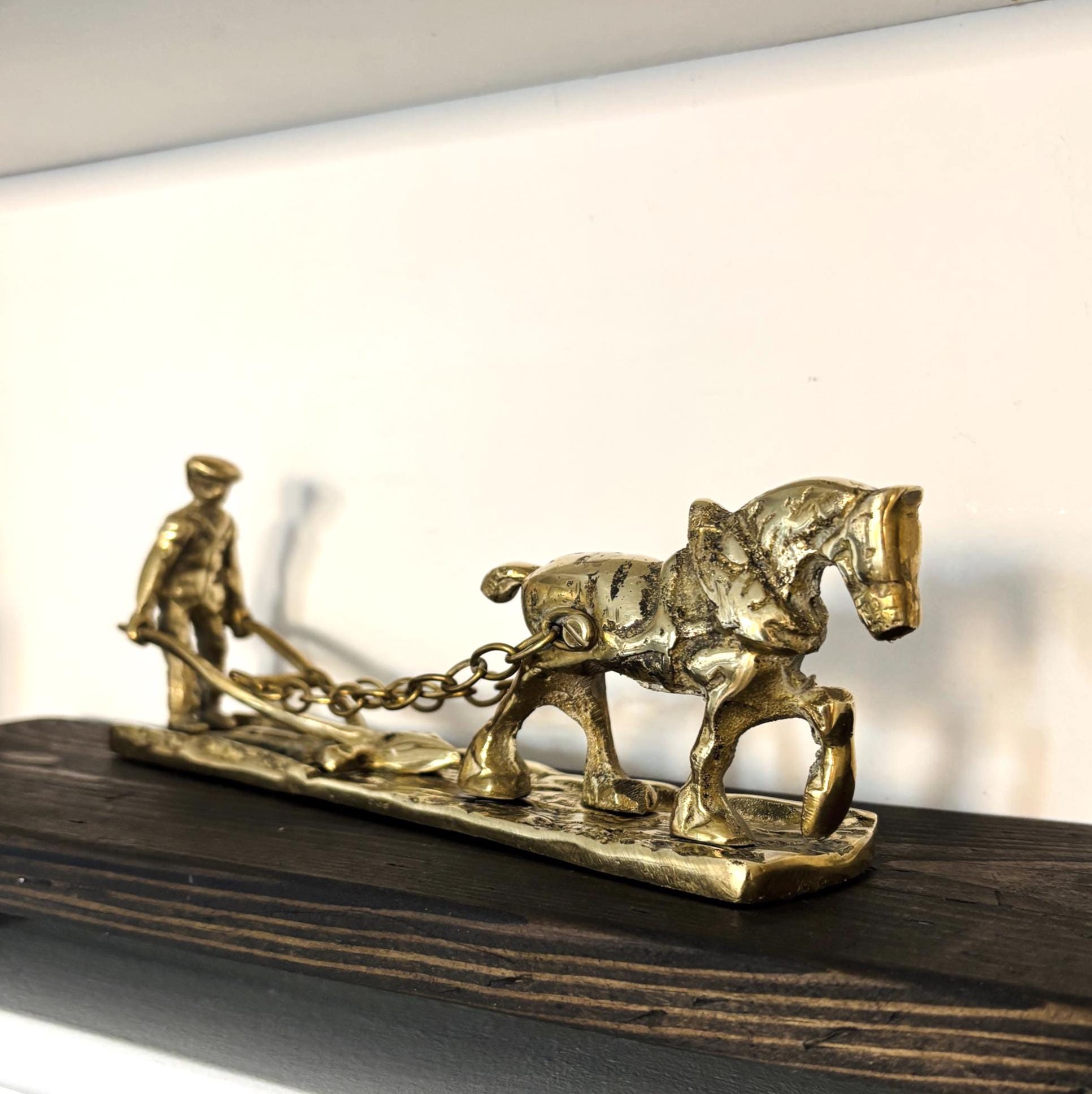 Vintage Solid Brass Horse Plough Sculpture Rustic Farm Decor Country Home Figurine