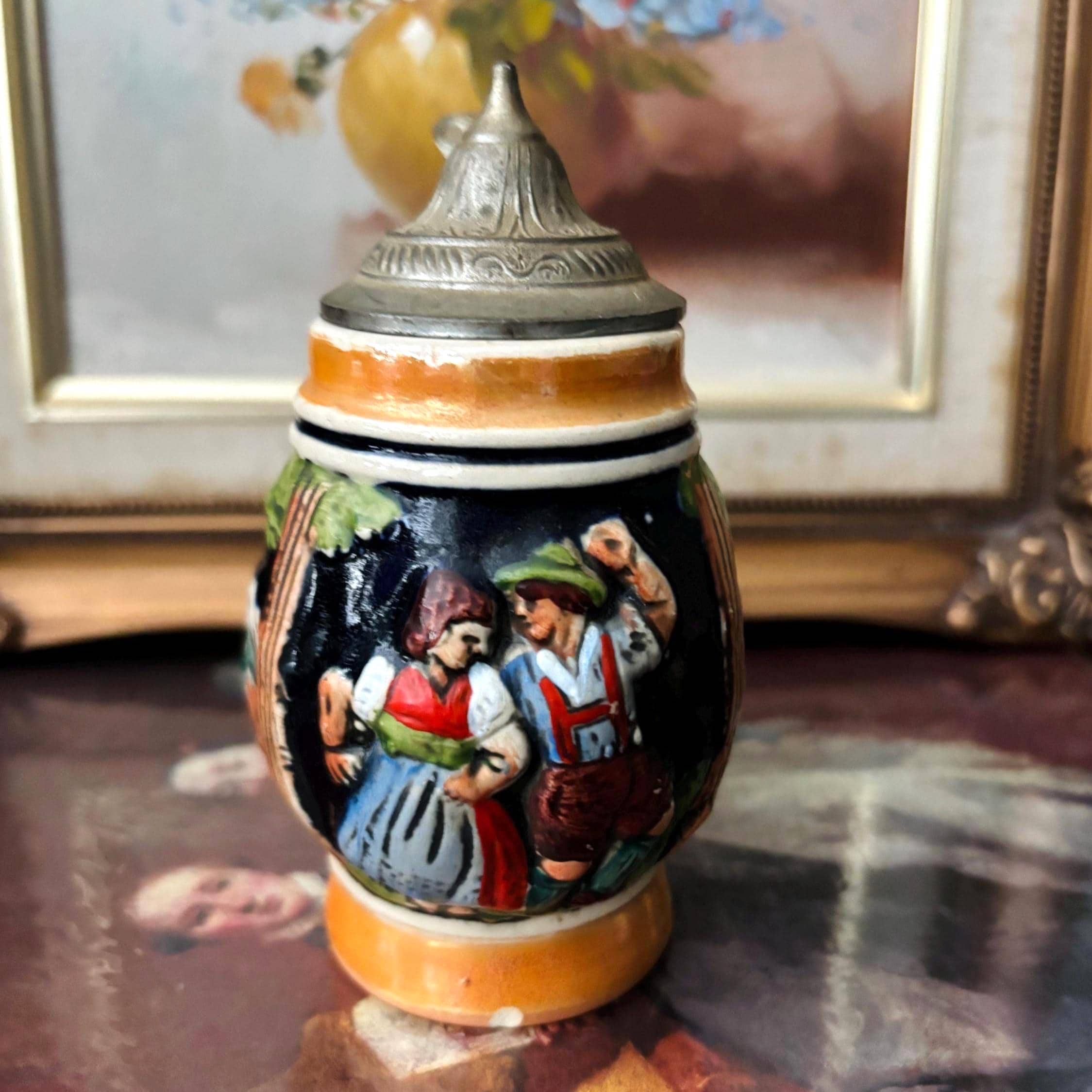 Small Vintage German Beer Stein with Pewter Lid | Hand-Painted Tavern Scene
