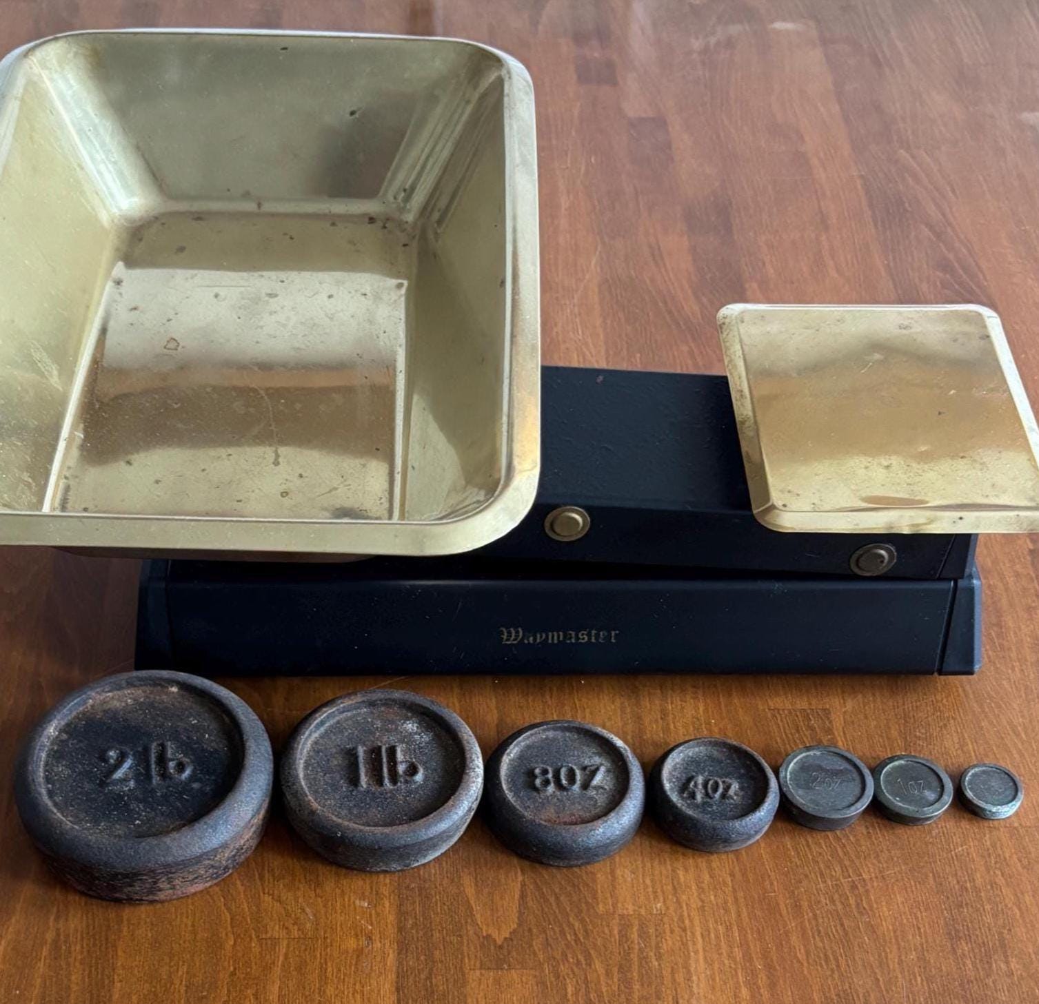 Vintage Waymaster Kitchen Scales with Brass Pan & 7 Original Weights