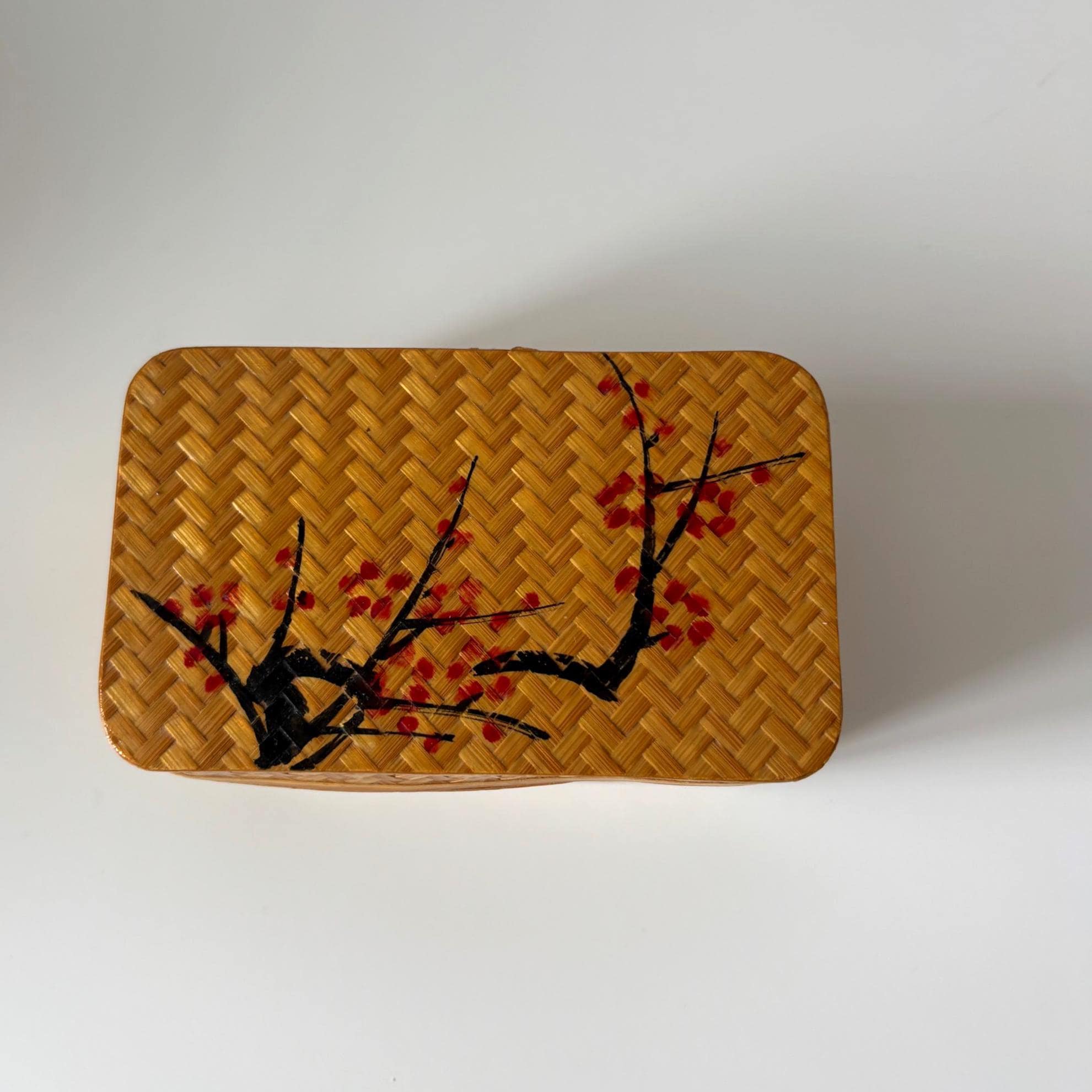 Vintage Chinese Bamboo Jewellery Box Red Velvet Interior Trinket Box With Mirror