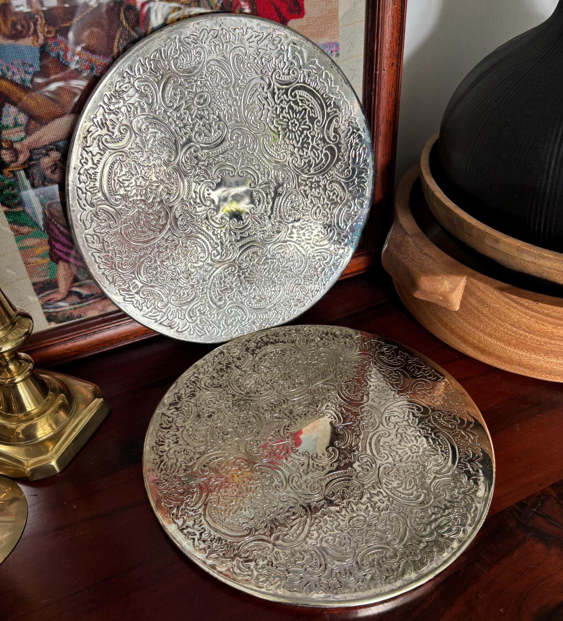 Vintage Silver Plated Decanter Slides | Chased Rococo Barware Coasters