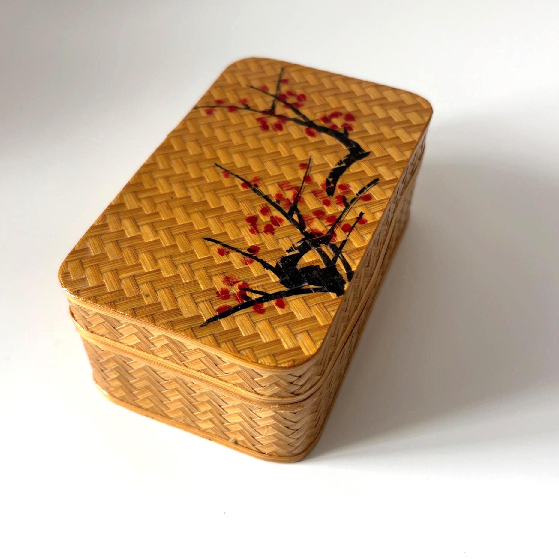 Vintage Chinese Bamboo Jewellery Box Red Velvet Interior Trinket Box With Mirror