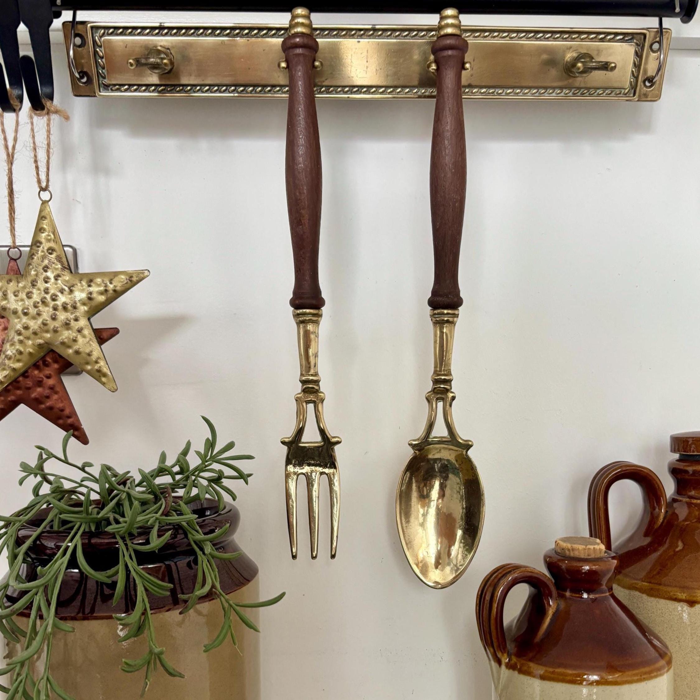 Vintage French Brass Kitchen Utensil Set: Fork & Spoon Wall Decor