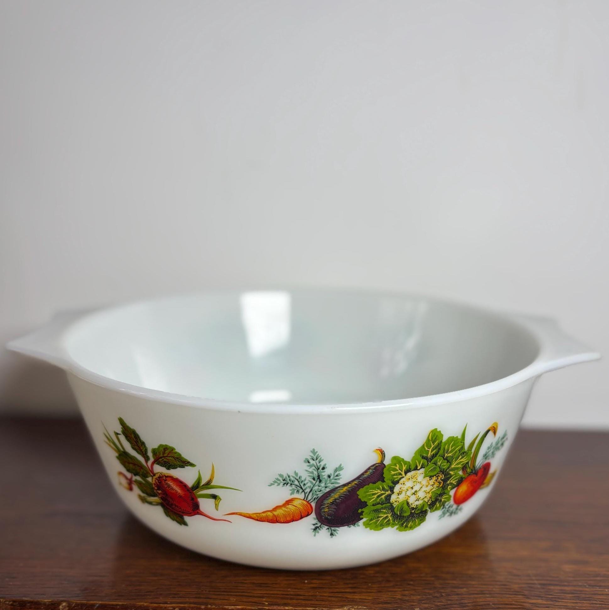 Vintage Milk Glass Casserole Dish Vegetable Pattern Mid Century Kitchen Serving Bowl Handles