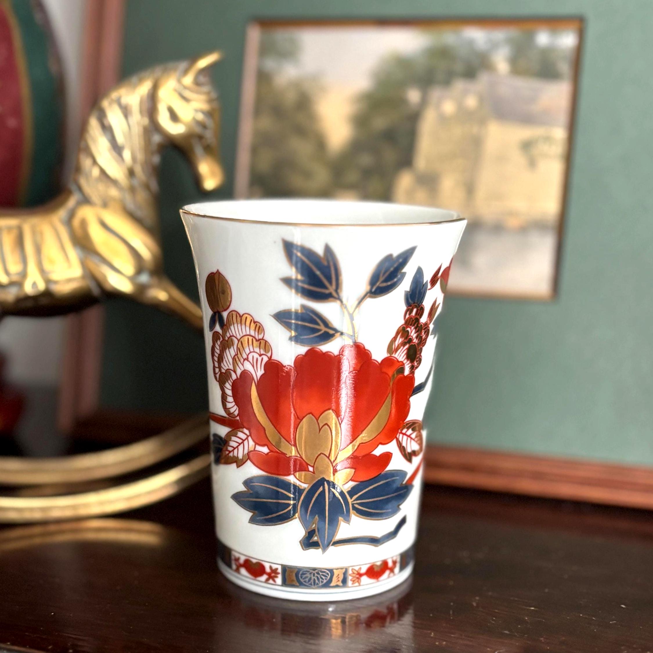 Vintage Japanese Imari Style Porcelain Tumbler Cup Iwai Pottery Red Blue Gold Floral