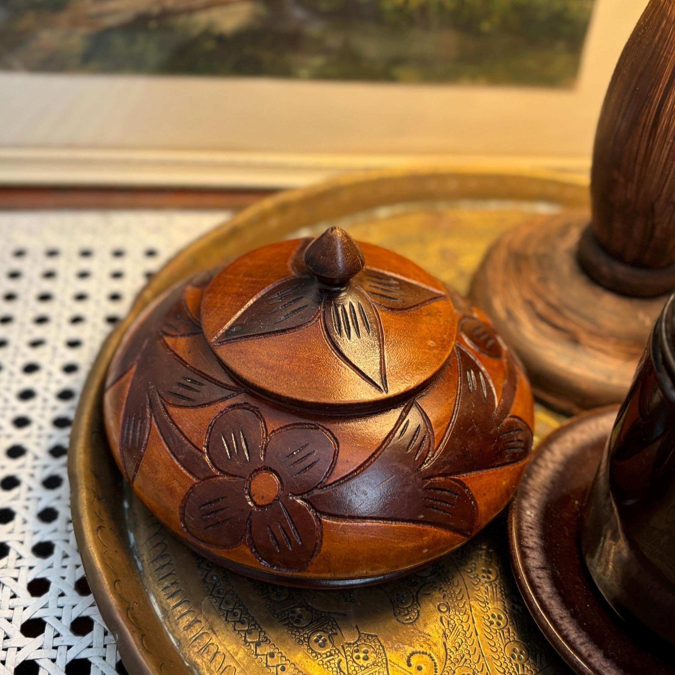 Vintage Hand-Carved Wooden Trinket Pot with Lid | Floral Folk Art | Two-Tone Hardwood