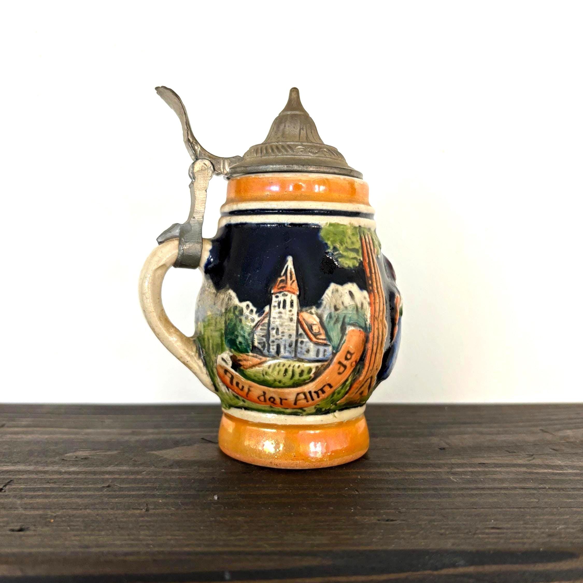 Small Vintage German Beer Stein with Pewter Lid | Hand-Painted Tavern Scene