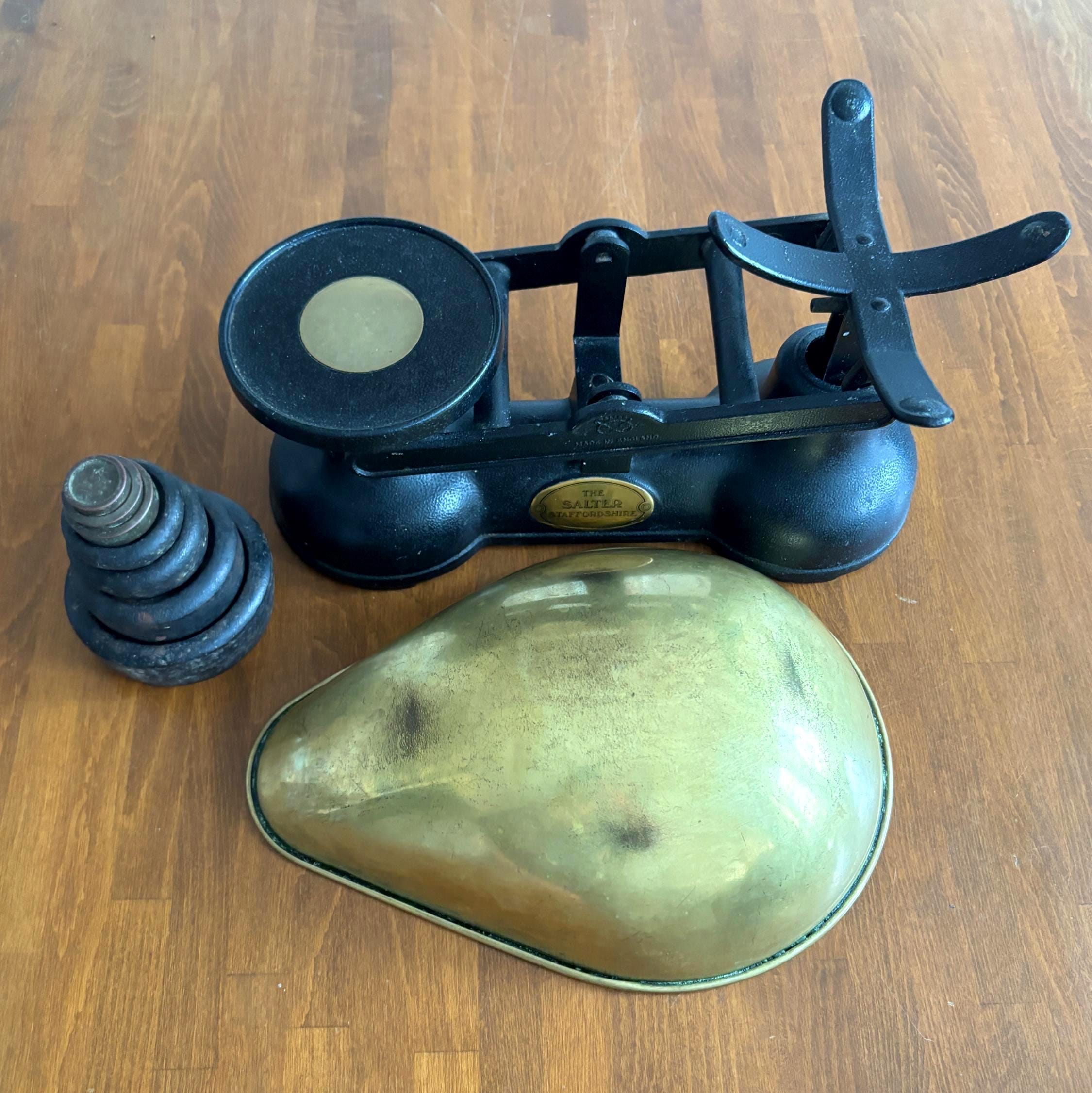 Vintage Salter Staffordshire Kitchen Scales with Brass Bowl & Weights