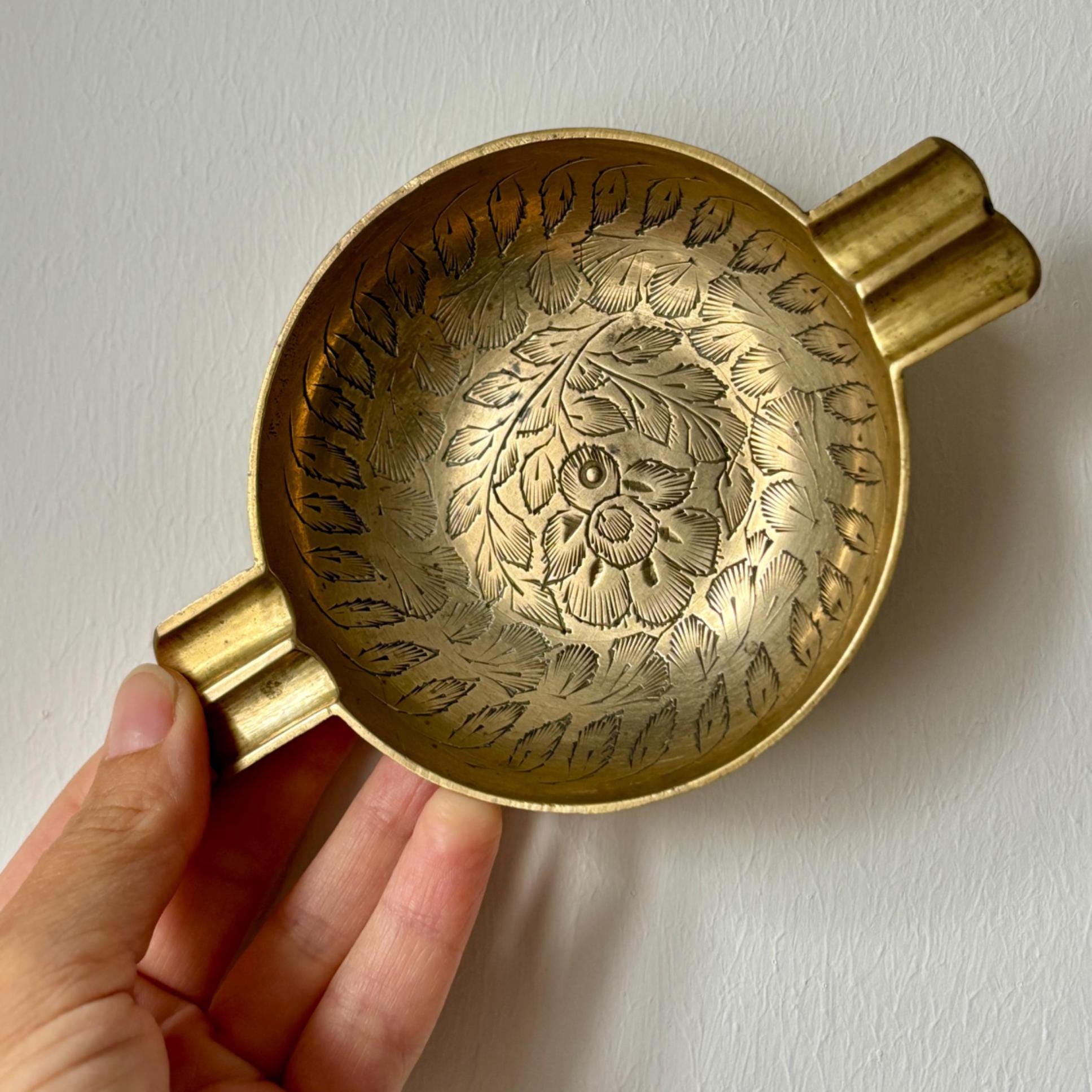 Vintage Hand Etched Brass Ashtray Pair: Indian Floral Ring Dish