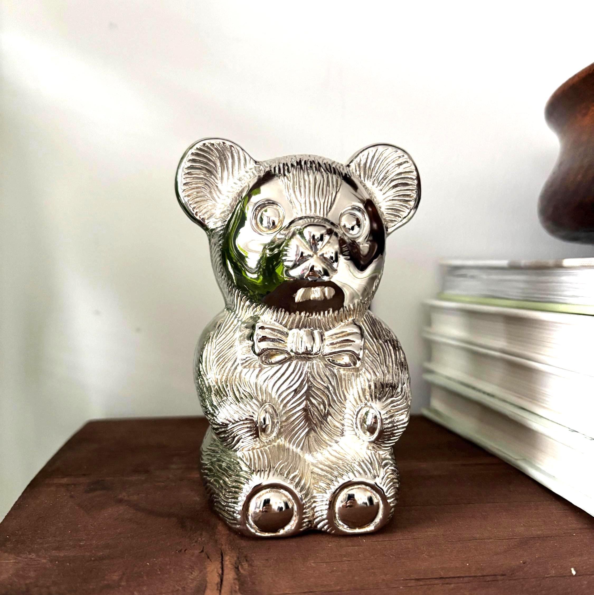 Vintage Silver Plated Teddy Bear Money Box Coin Bank Nursery Decor Baby Gift Keepsake