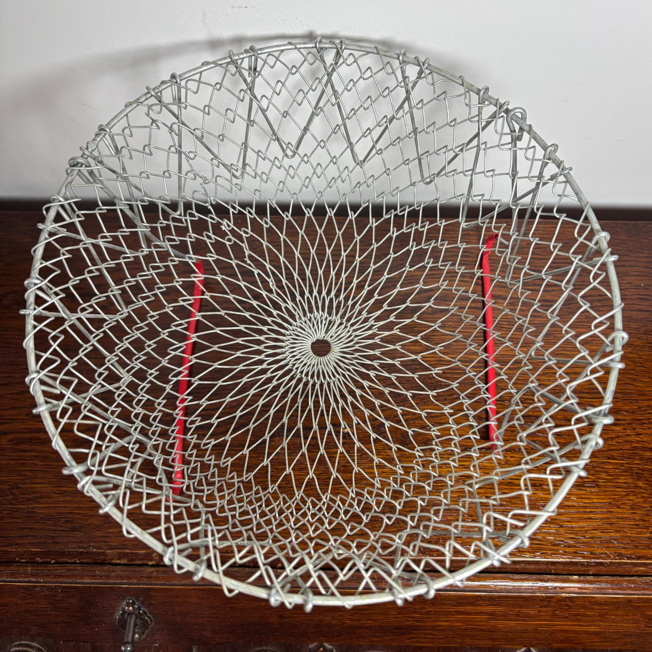 Vintage Collapsible Wire Egg Basket with Red Handle French Style Folding Market Basket