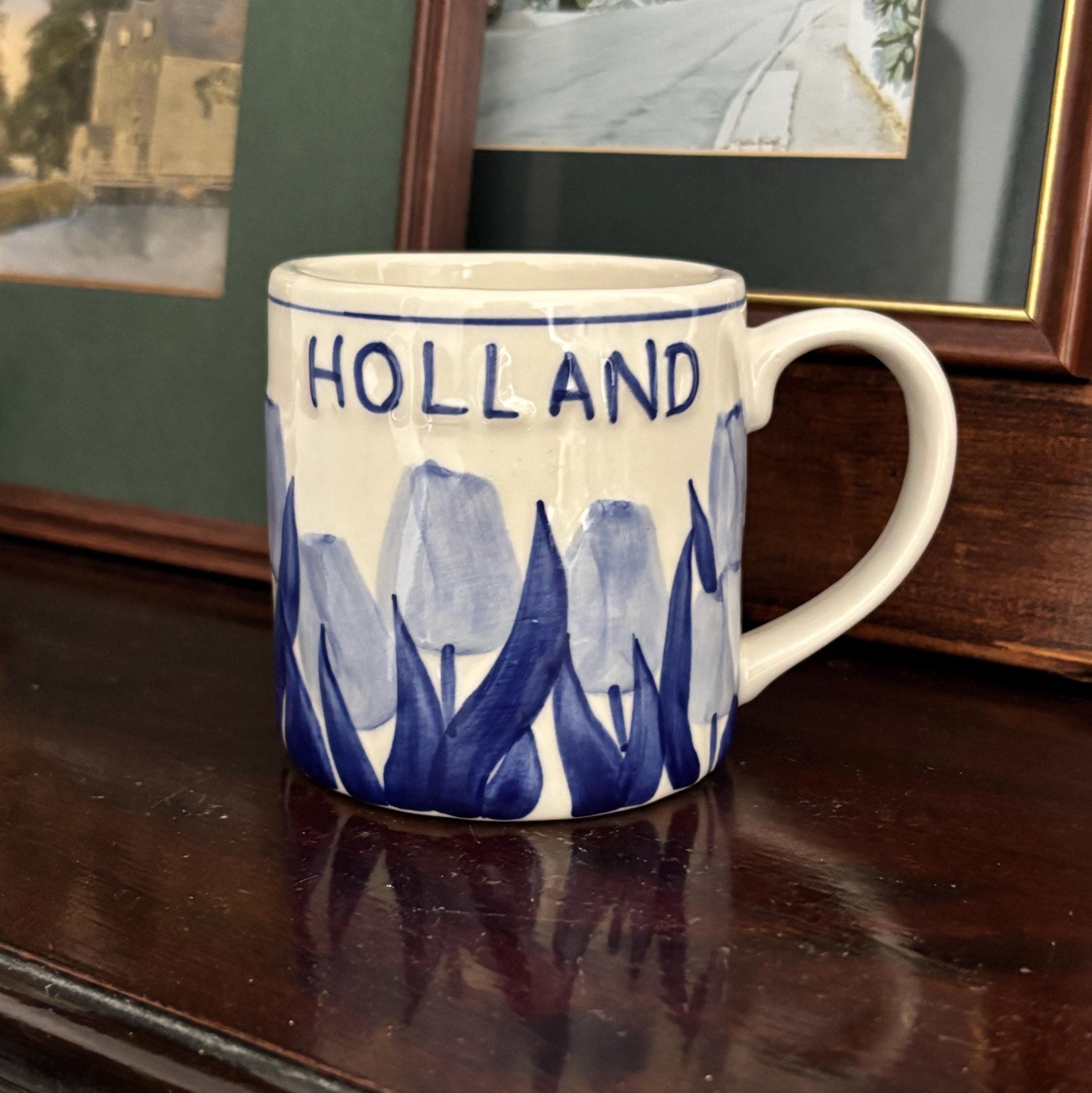 Vintage Holland Delft Style Tulip Mug Blue White Hand Painted Dutch Ceramic Cup