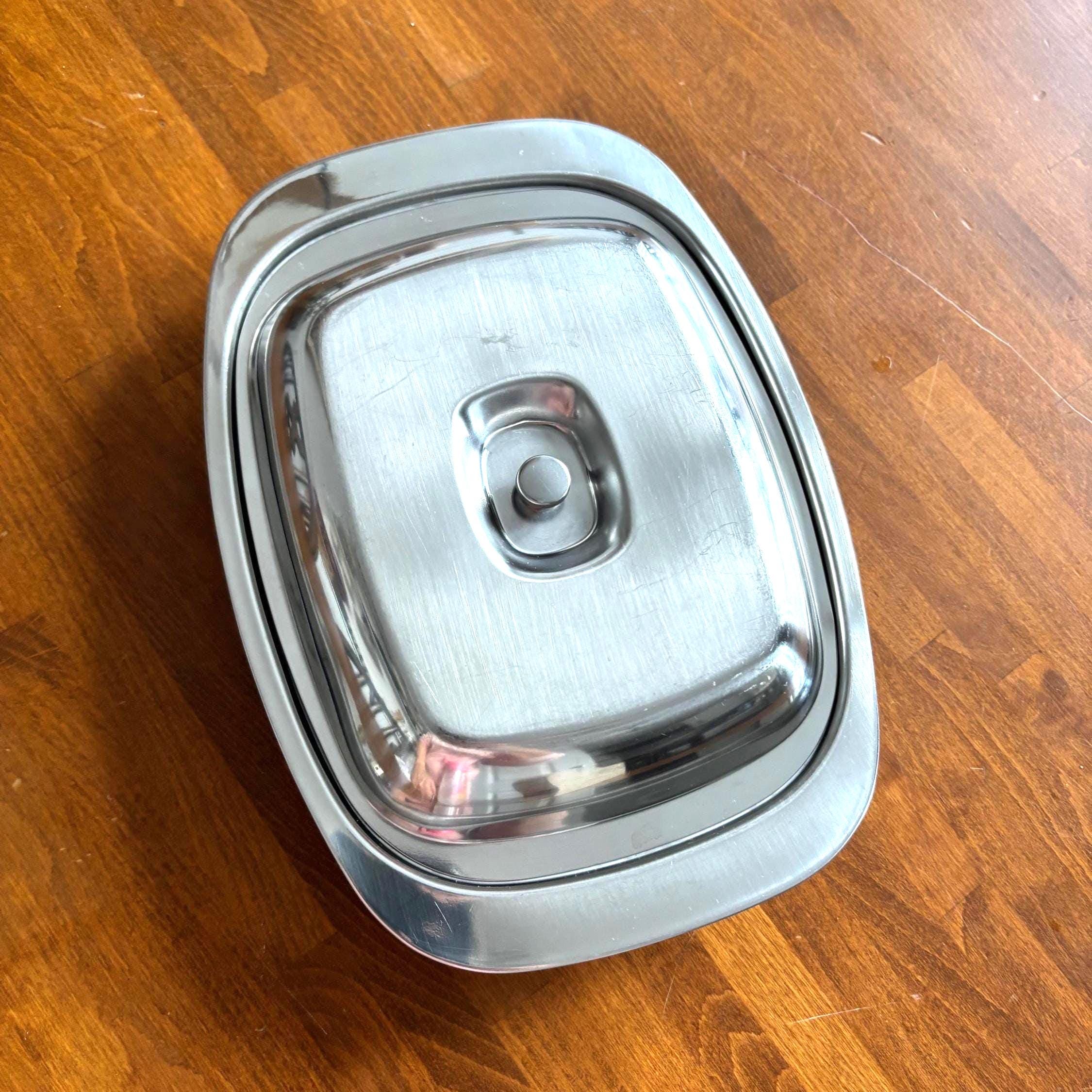 Vintage Stainless Steel Lidded Divided Serving Dish, Hong Kong, 2 Compartment Buffet Server