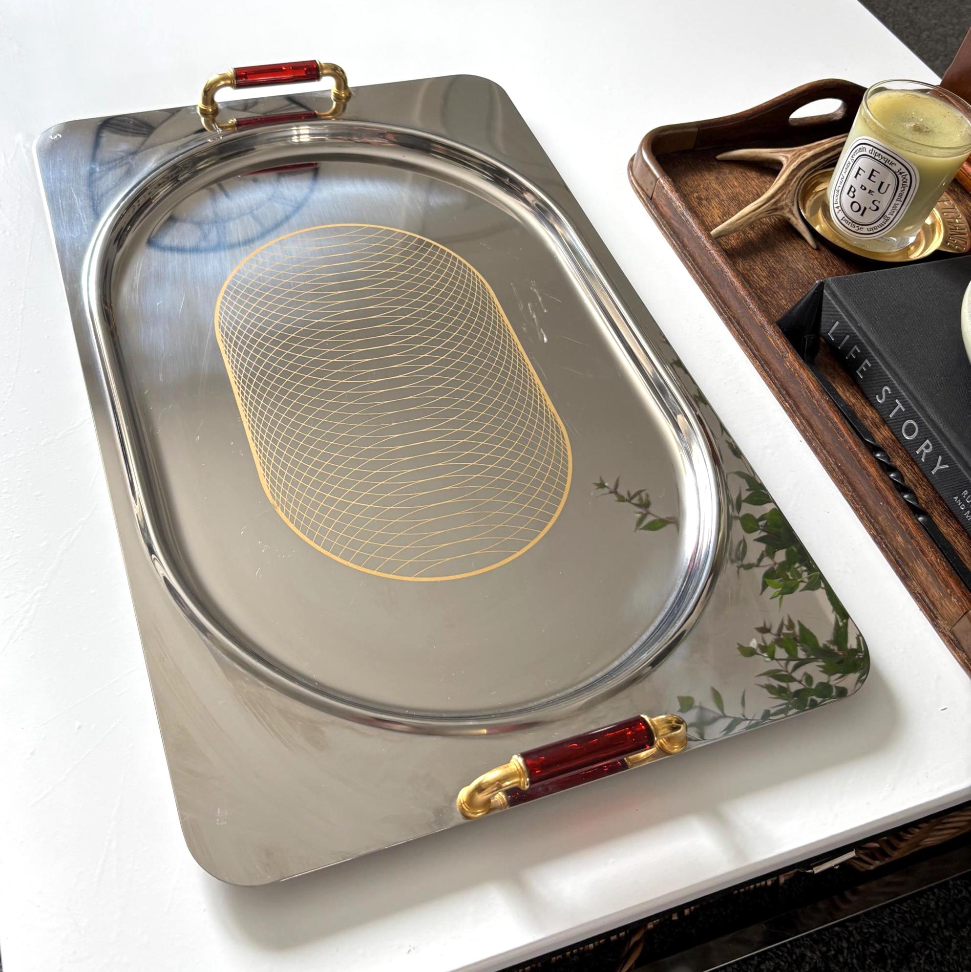 Large Vintage Giorinox Sonia Serving Tray 53cm Stainless Steel Italian Barware