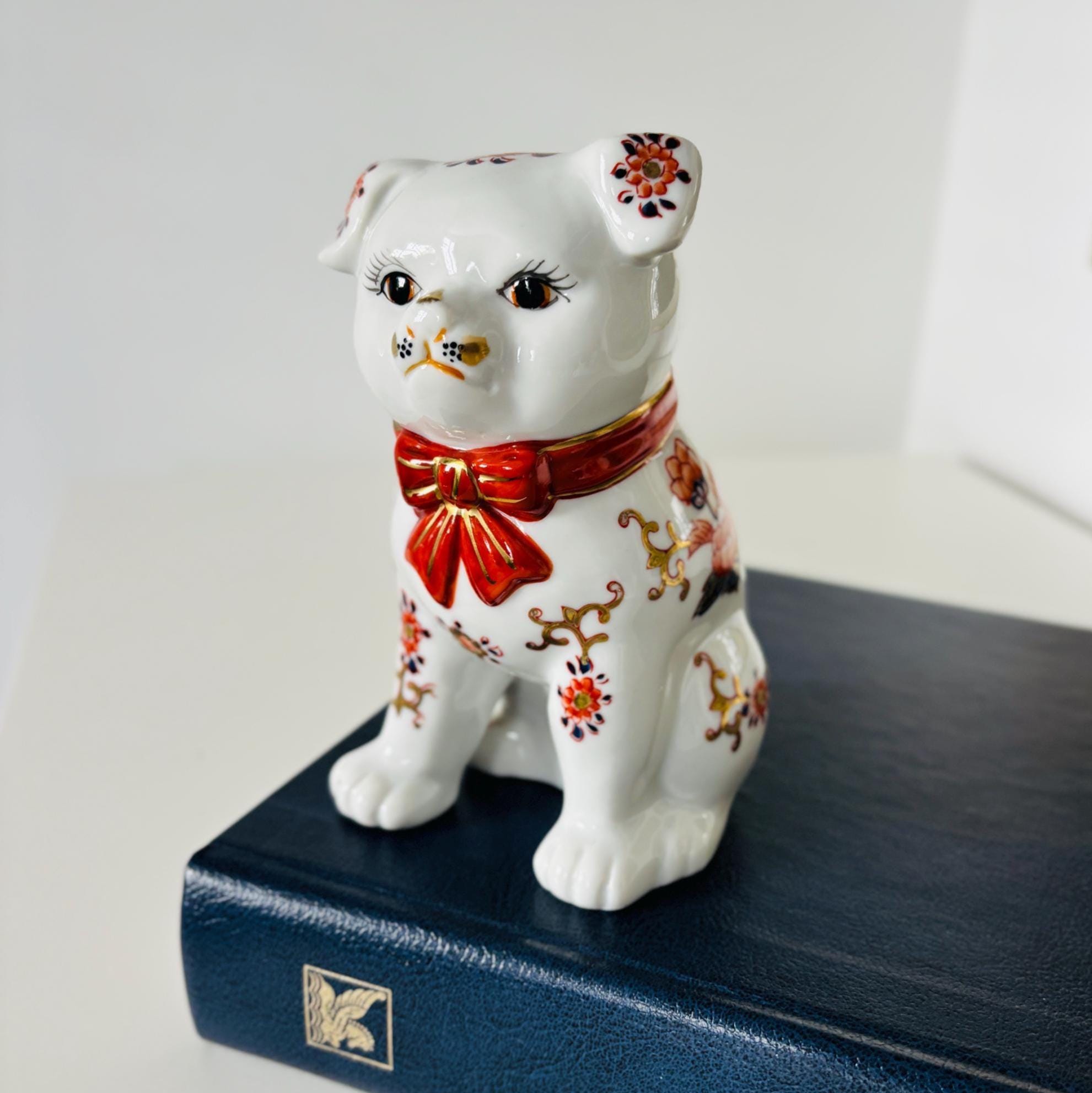 Imari Style Ceramic Dog Ornament | Vintage White Dog Figurine with Red Collar & Gilt Detail
