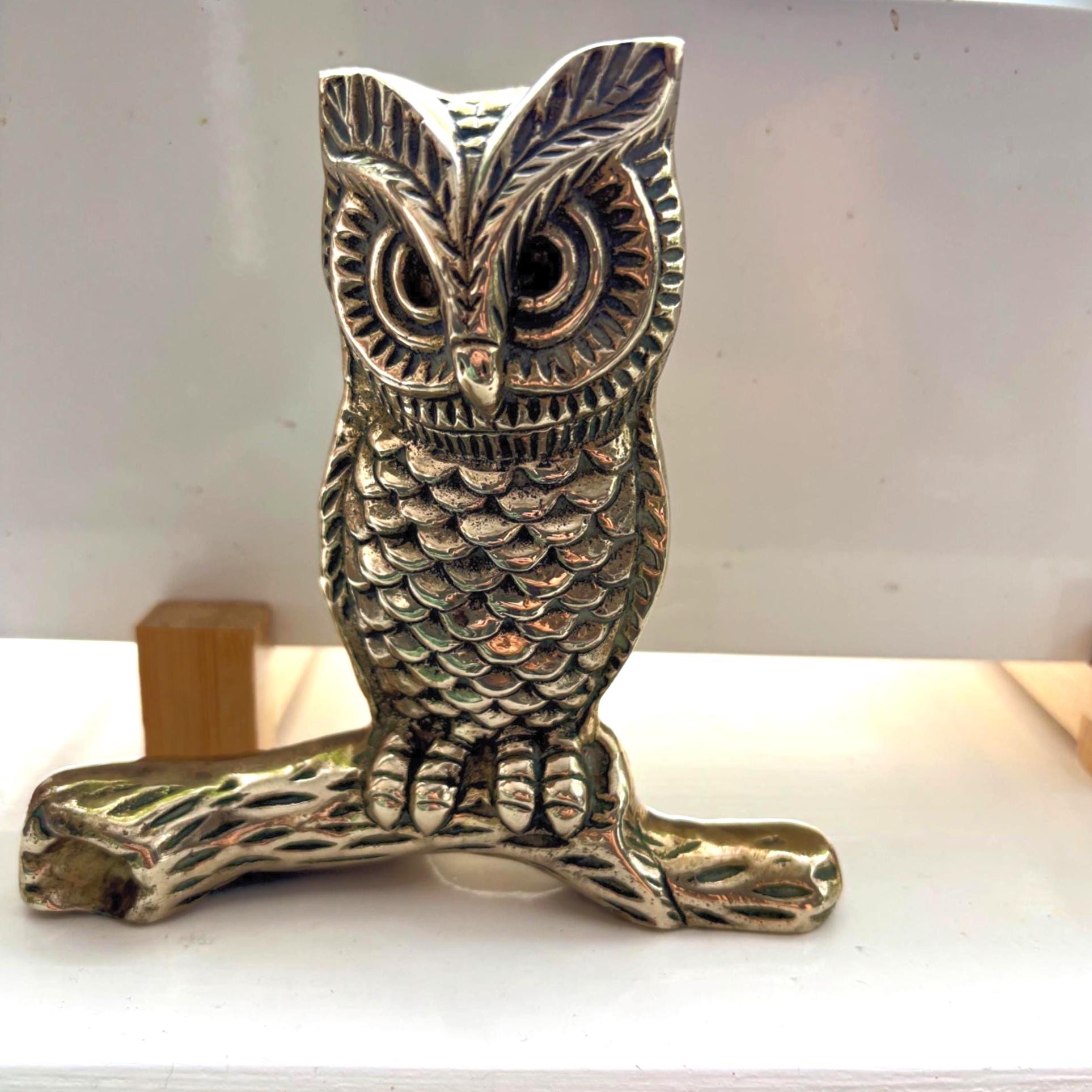 Vintage Solid Brass Owl on Branch Wise Owl Figurine Woodland Bird Sculpture Shelf Decor