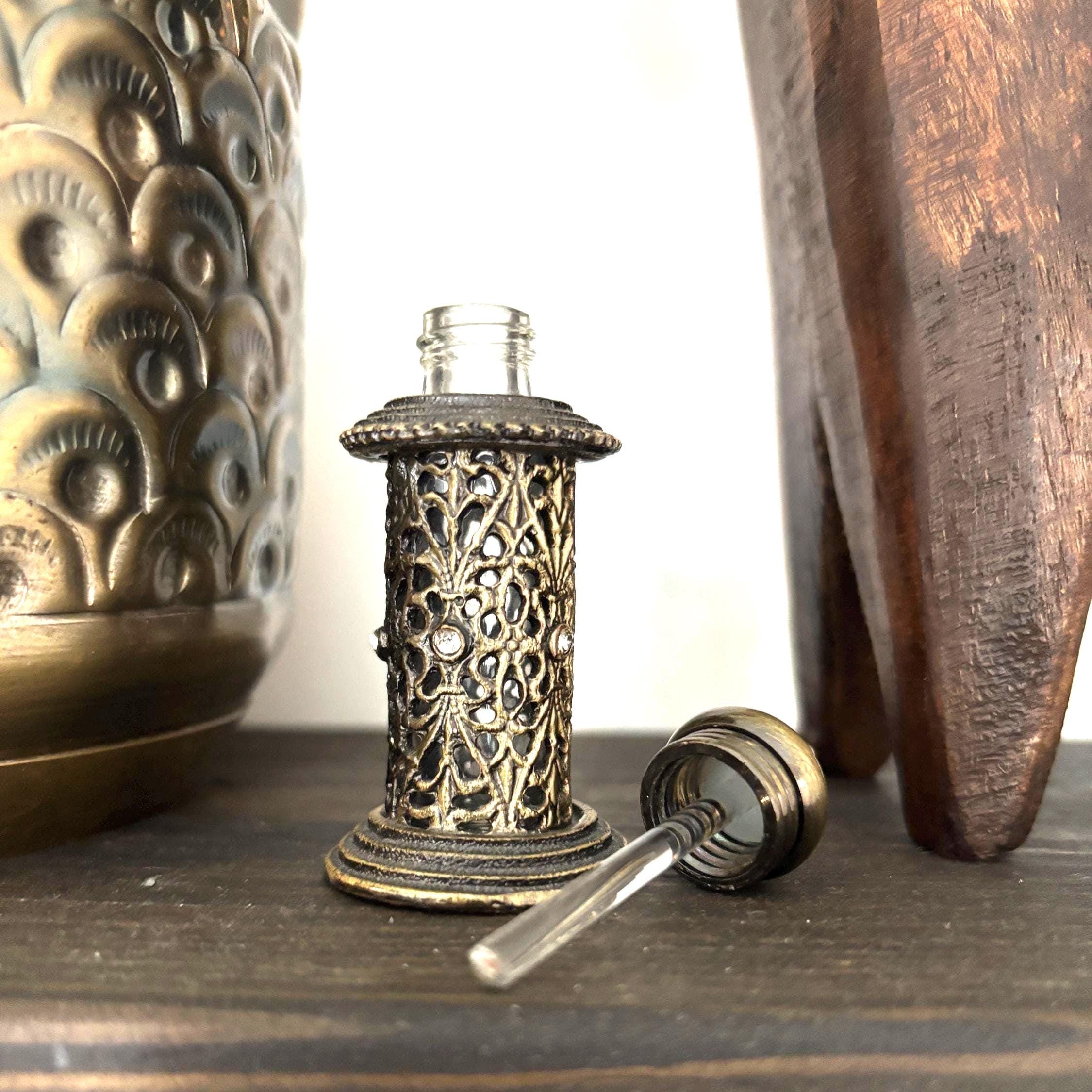 Indian Mini Attar Perfume Bottle Filigree Brass Tone Dabber Wand Rhinestones