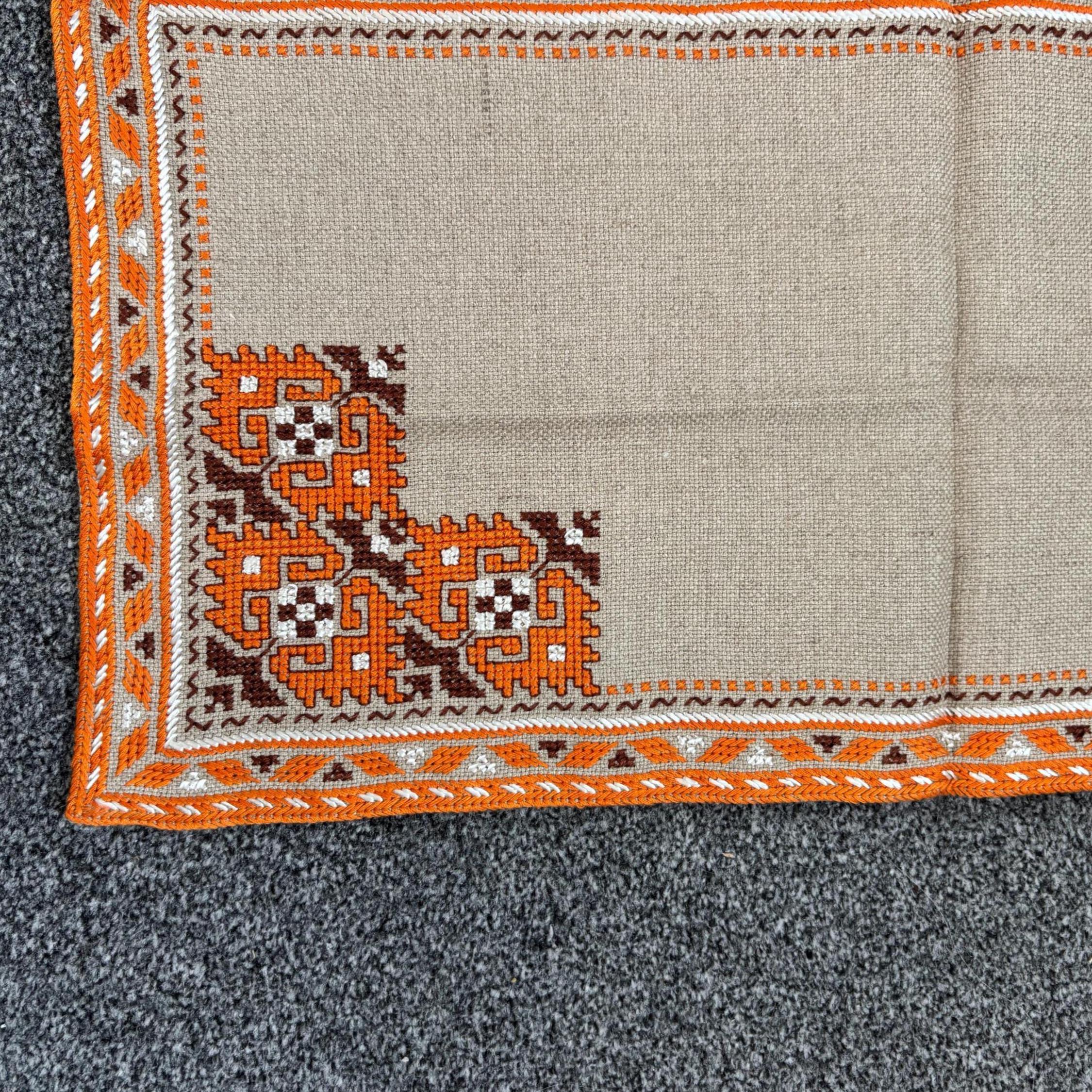 Vintage Bulgarian Hand Embroidered Linen Runner 56x26cm Orange Folk Border