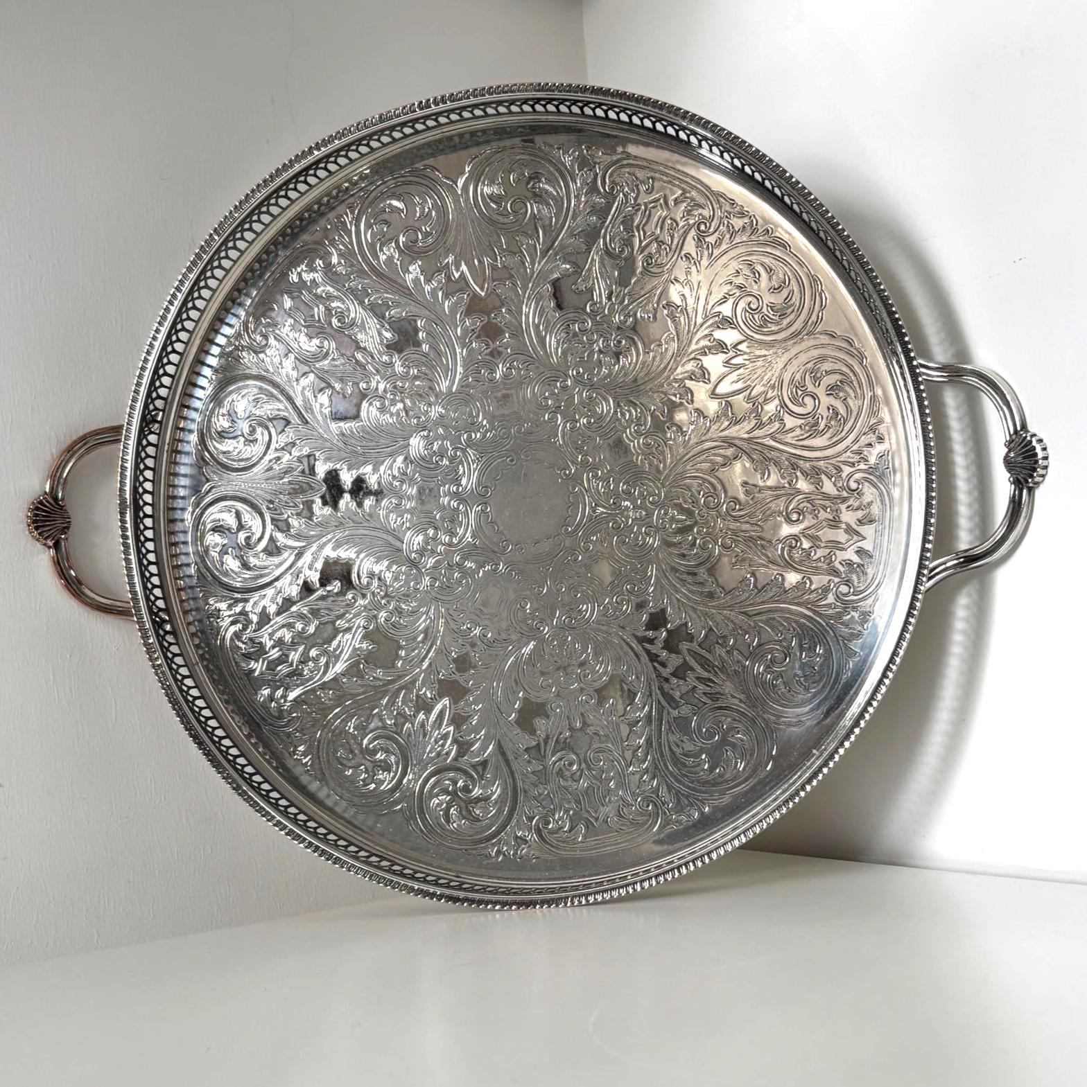 Large Cavalier Silver Plated Serving Tray, Round Gallery Tray With Handles, Made in England