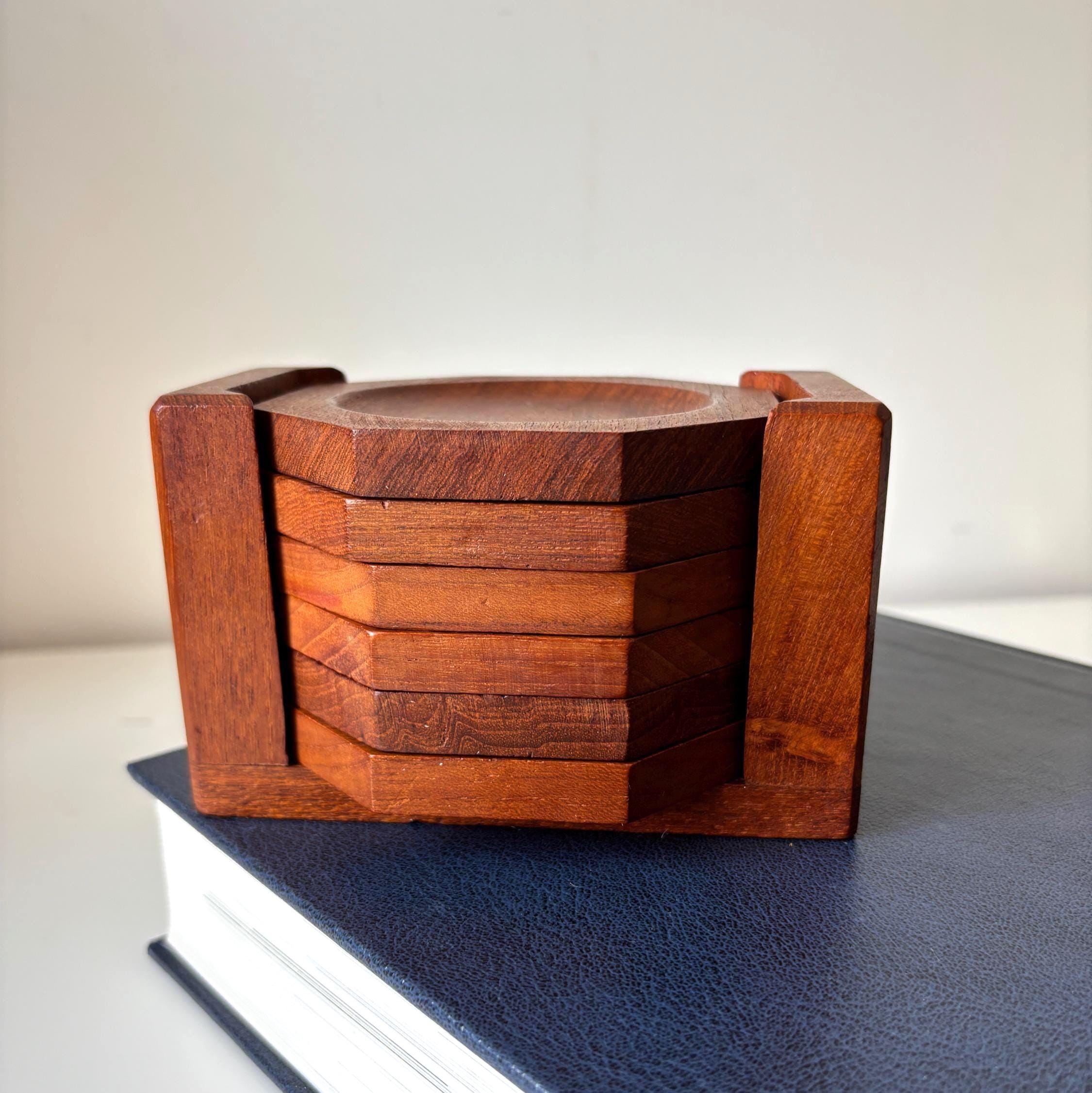 Vintage Teak Coaster Set – Danish Mid Century Modern Wooden Barware (Set of 6)
