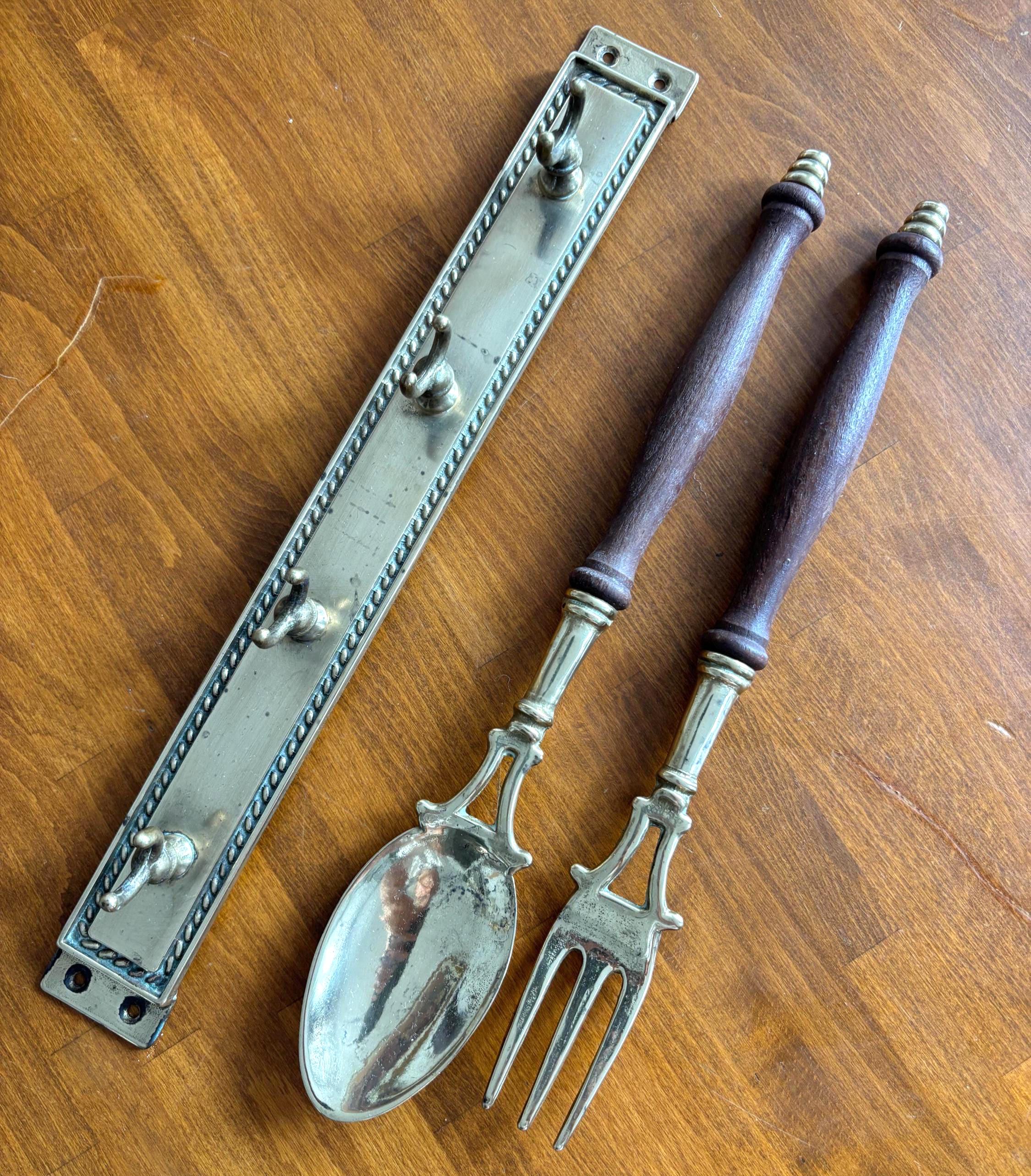 Vintage French Brass Kitchen Utensil Set: Fork & Spoon Wall Decor