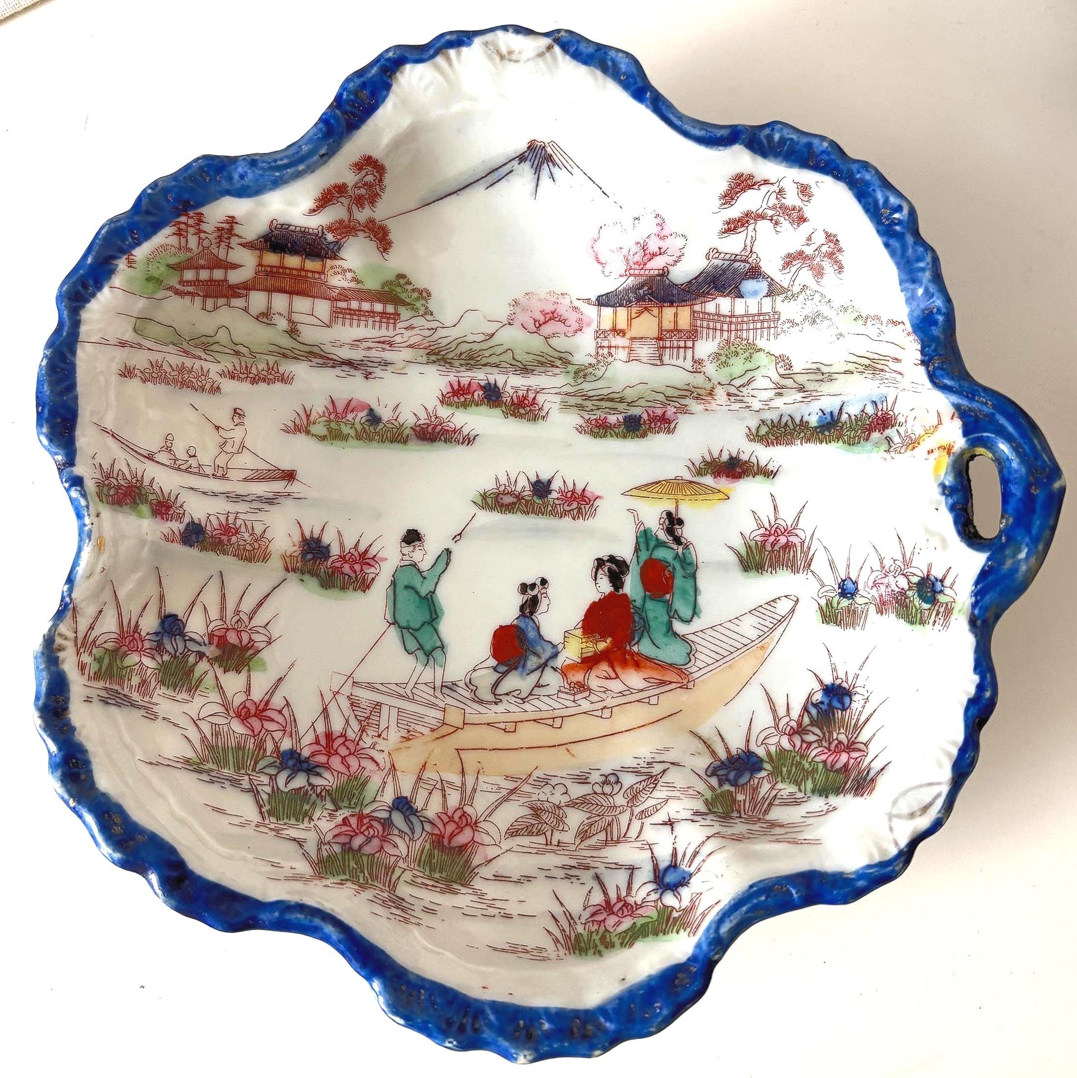 Vintage Japan Porcelain Dish Scenic Geisha Boat Mount Fuji Bowl