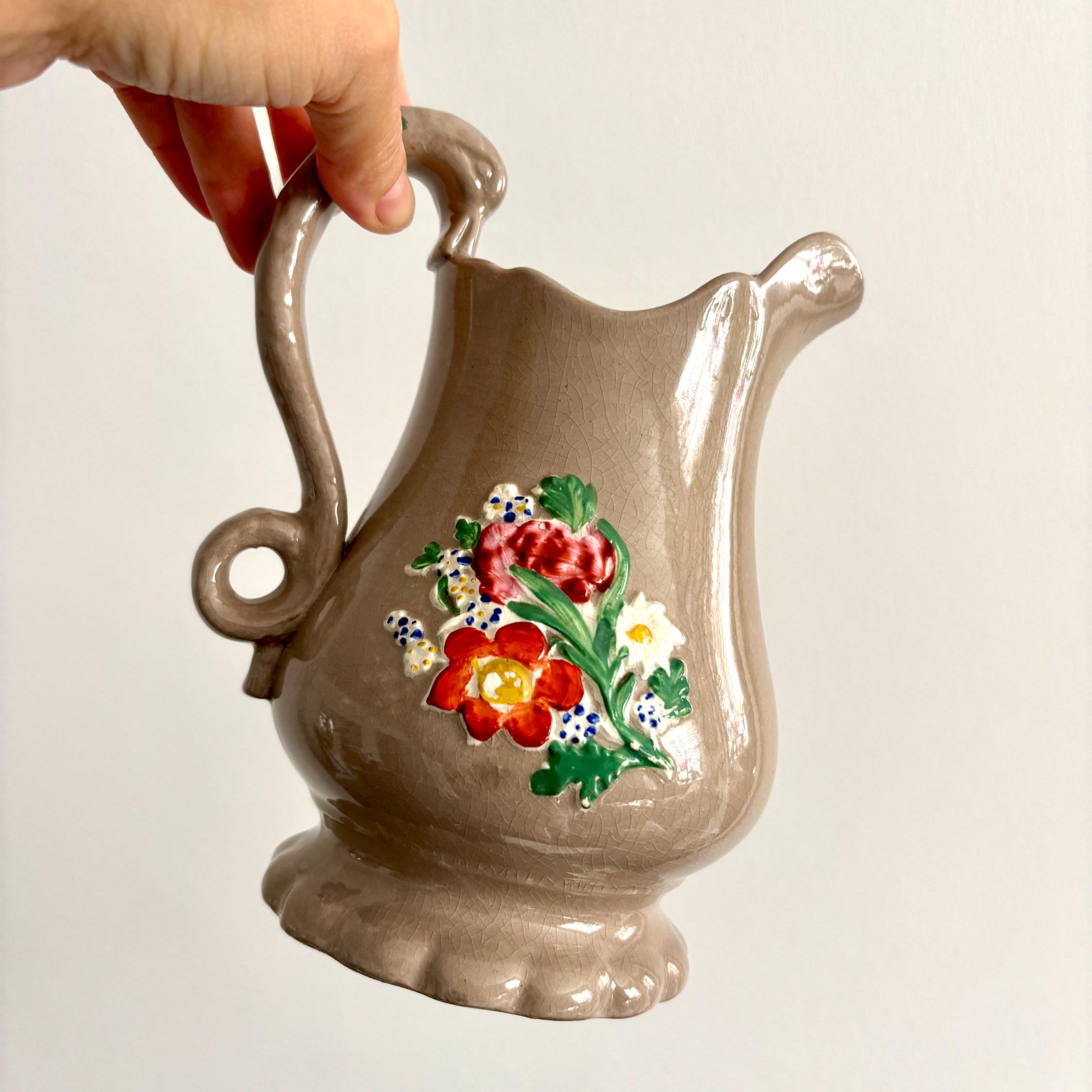 Vintage Ceramic Jug Vase with Floral Design