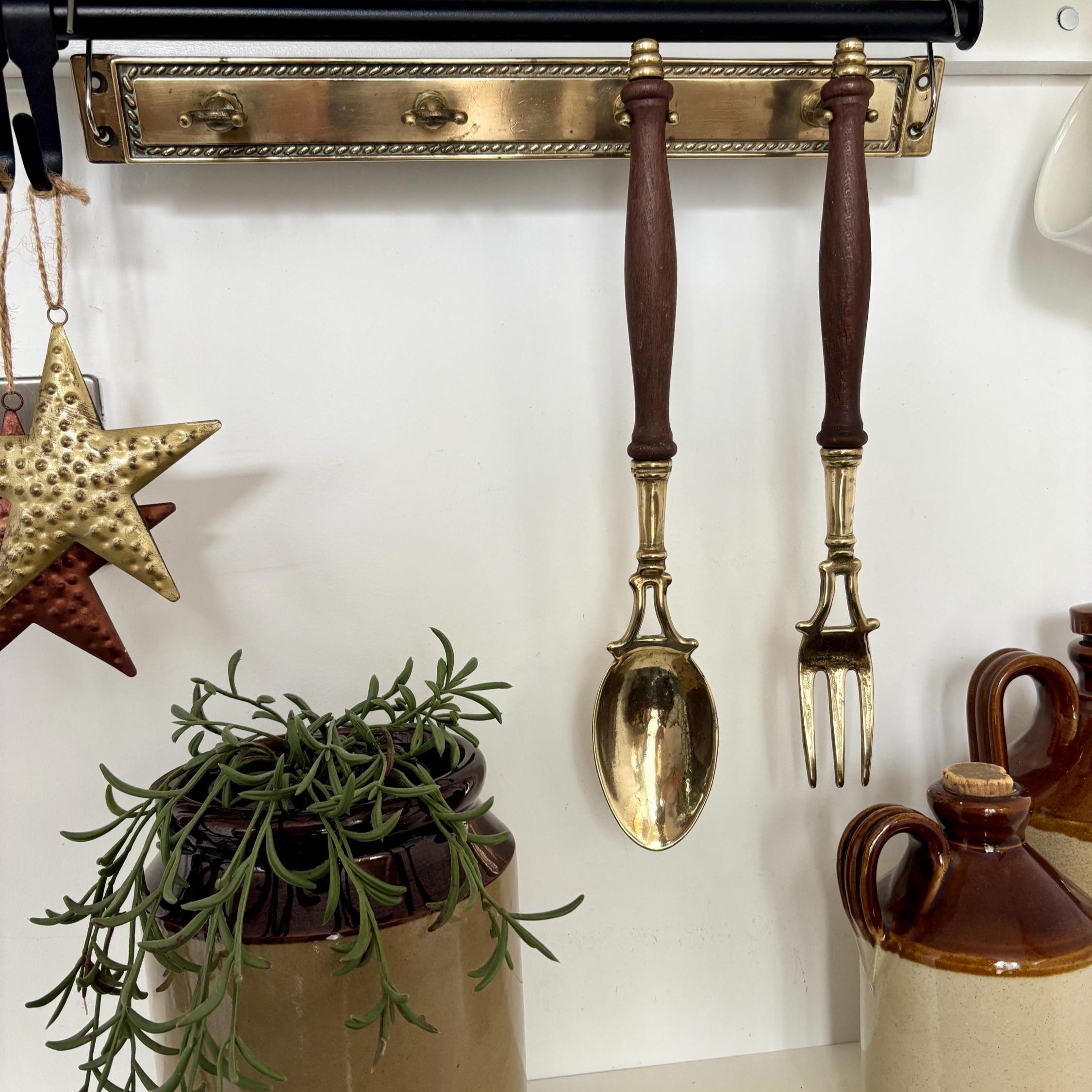 Vintage French Brass Kitchen Utensil Set: Fork & Spoon Wall Decor