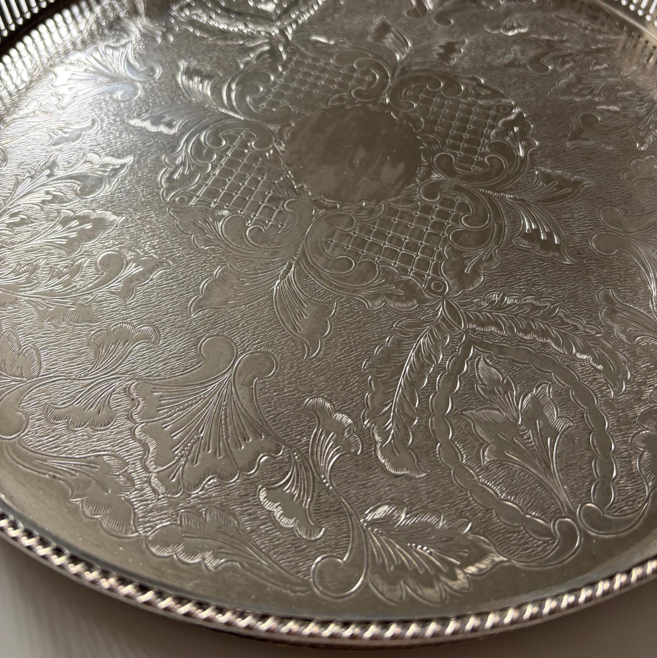 Vintage English Silver Plate on Copper Gallery Tray Ornate Round Serving Tray