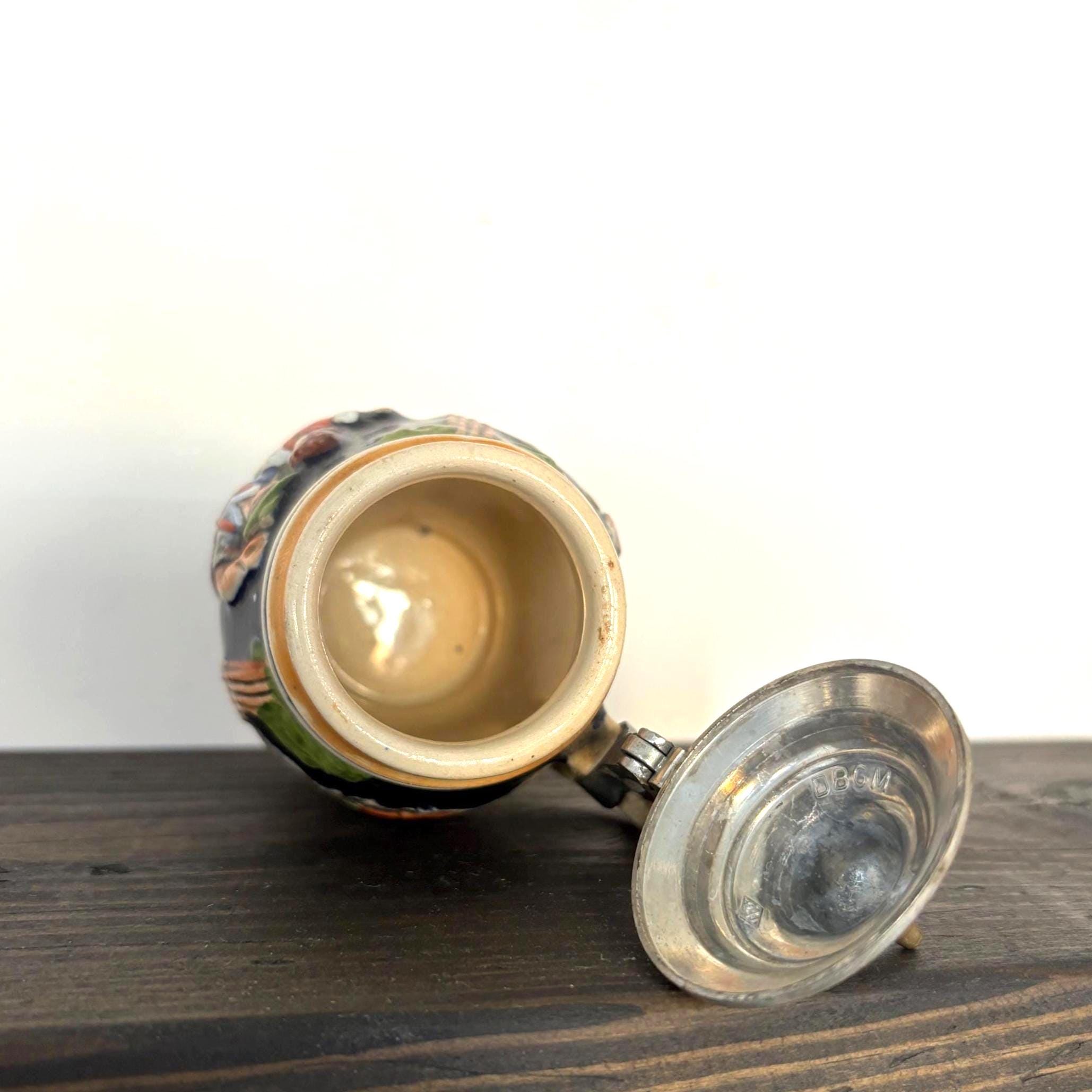 Small Vintage German Beer Stein with Pewter Lid | Hand-Painted Tavern Scene