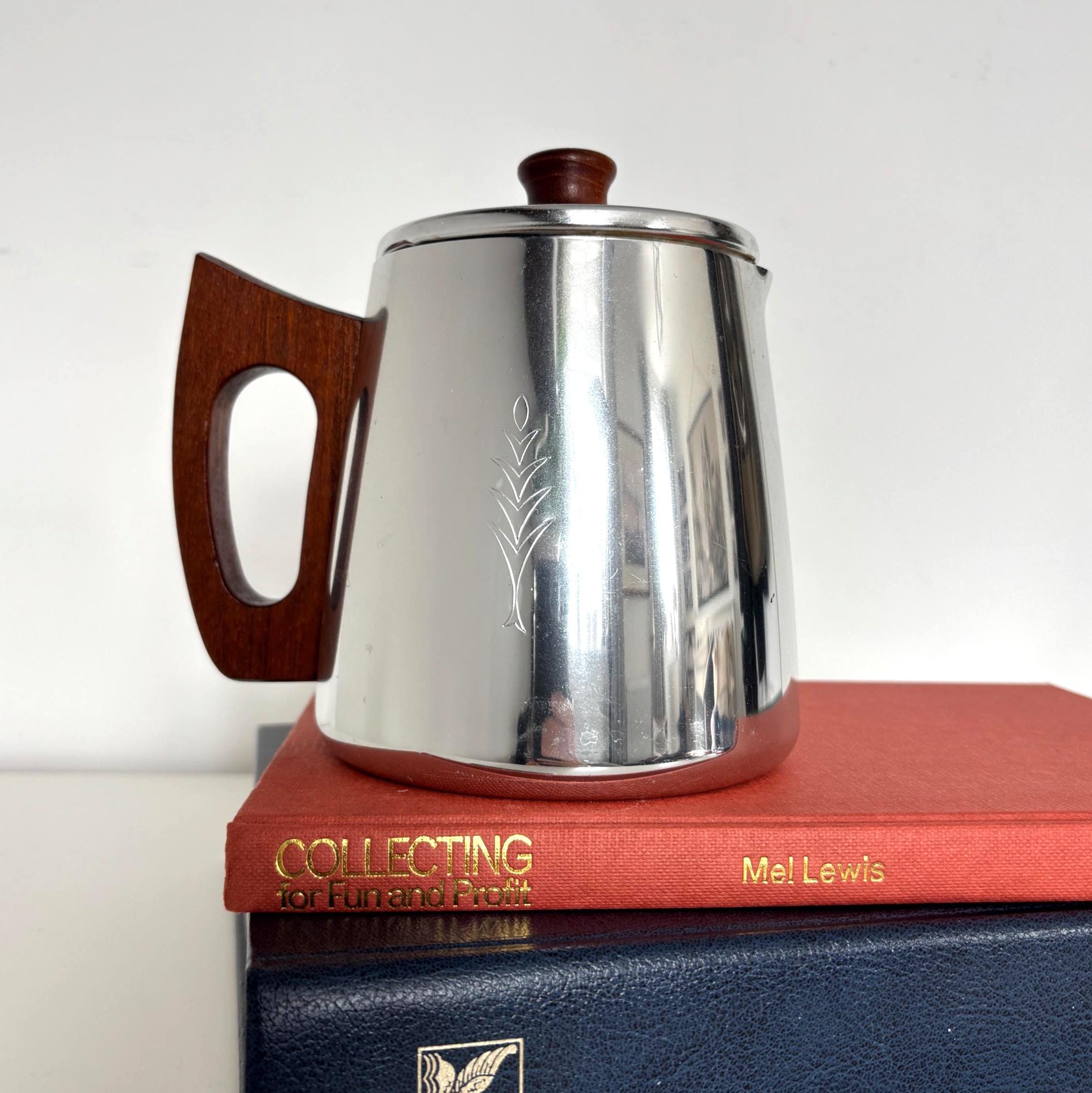 Vintage SONA Milk Jug Stainless Steel Teak Handle Mid Century Modern Coffee Pot England