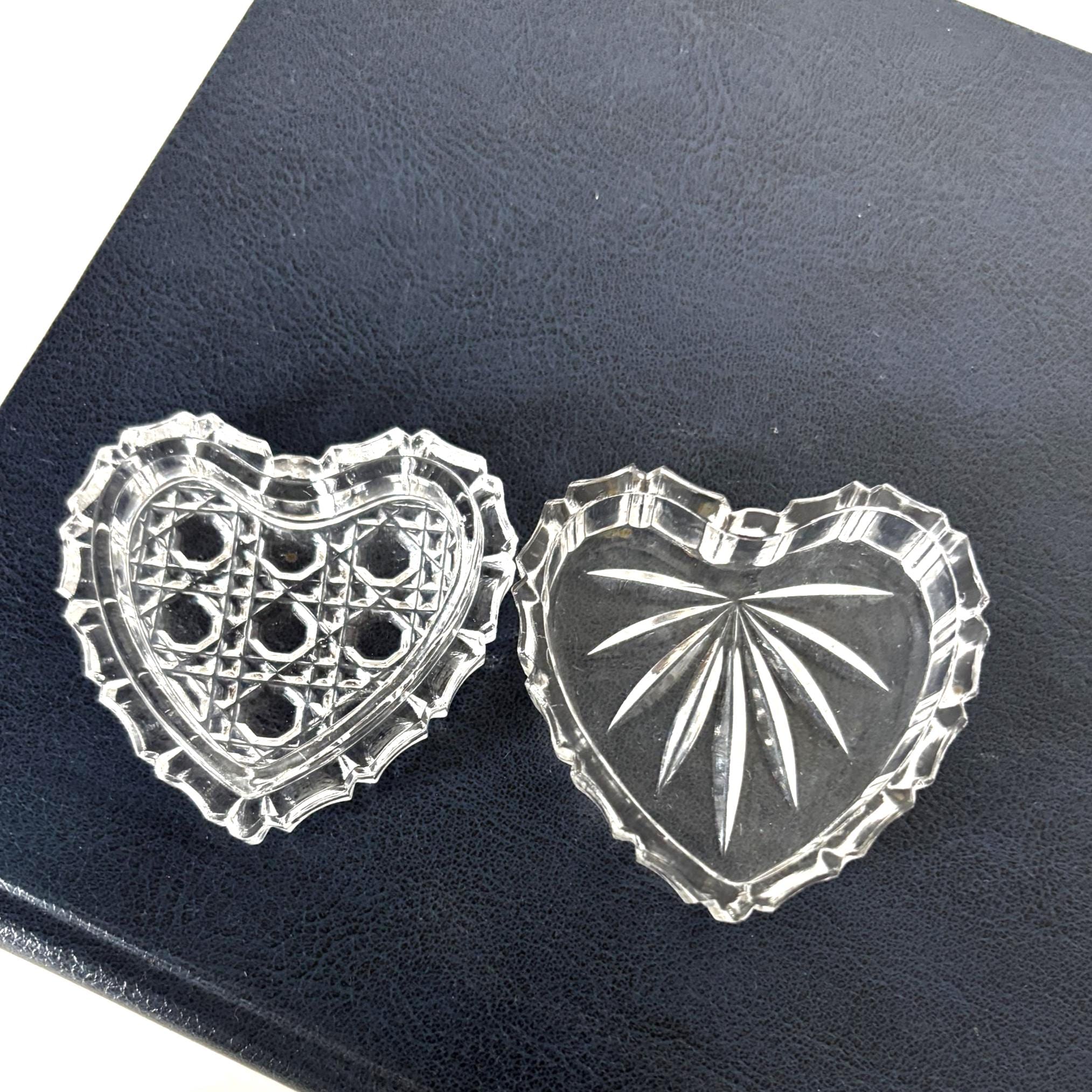 Vintage Heart Shaped Lead Crystal Trinket Box Cut Glass Jewelry Box Ring Holder Gift