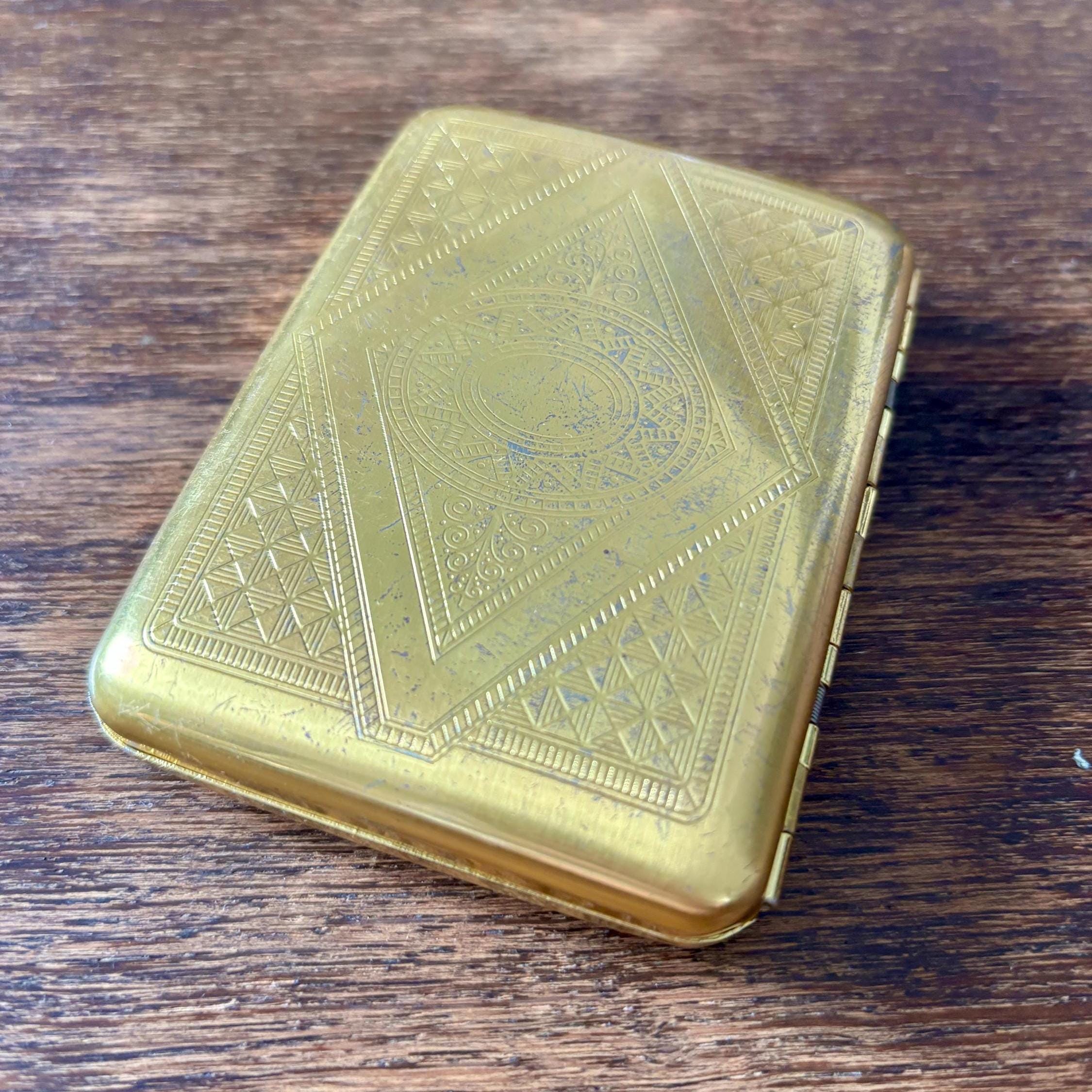 Vintage Gold-Tone Accordion Wallet | Metal Card Case with Geometric Etched Design | Mid-Century Style