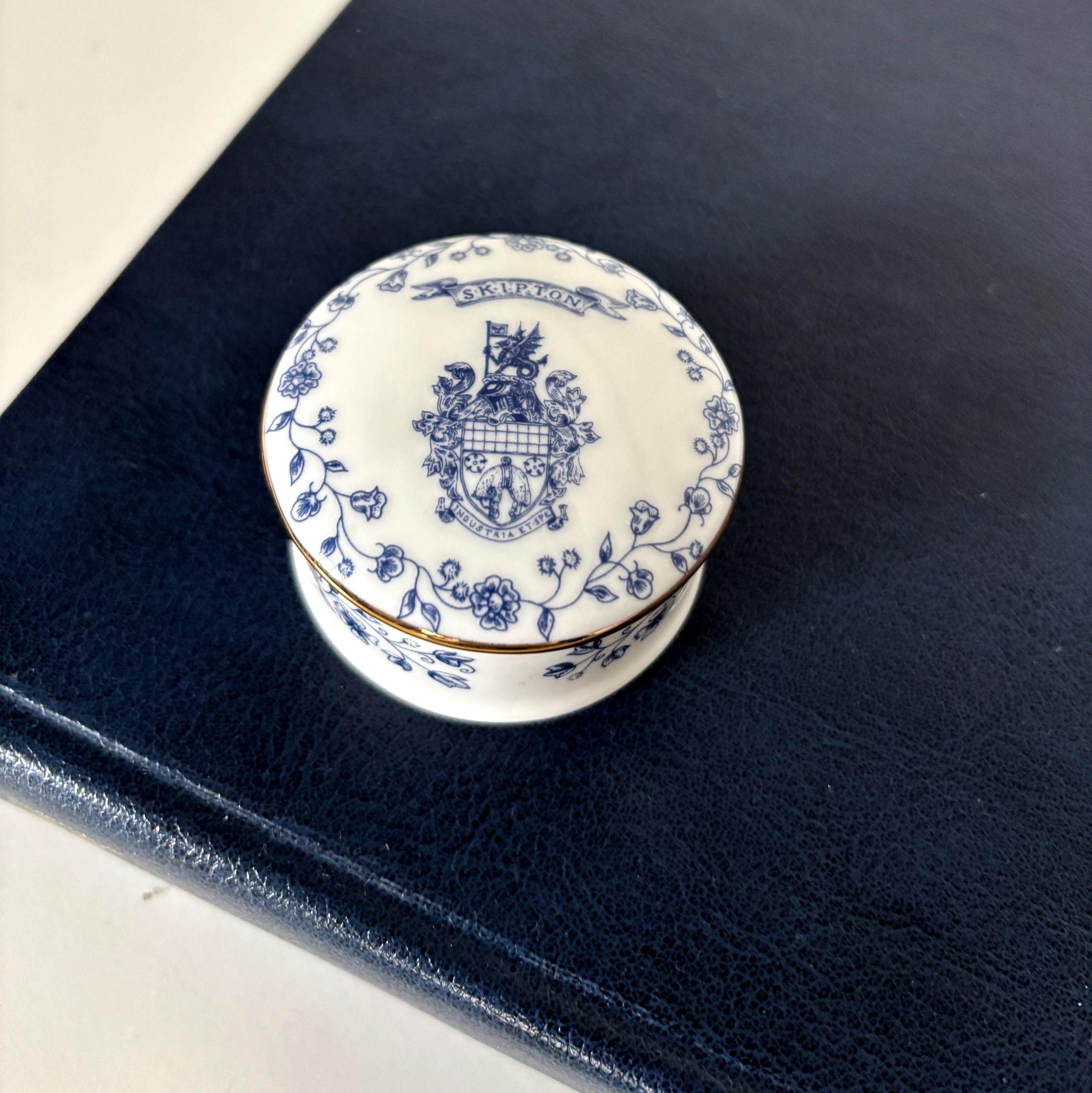 Vintage Skipton Bone China Trinket Box English Lidded Pot Blue White Floral Collectable