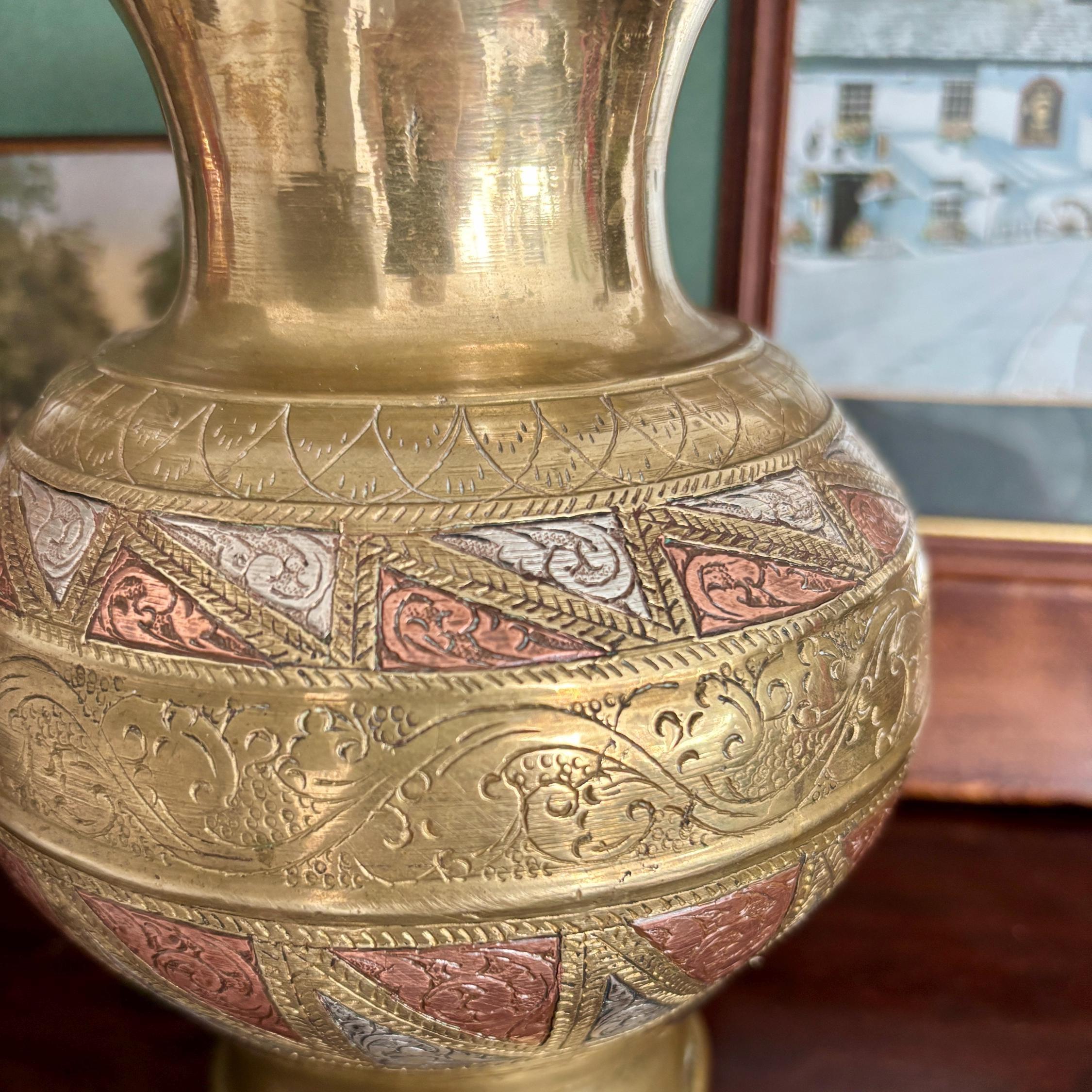 Vintage Indian Solid Brass Vase | Hand-Engraved Copper & White Metal Inlay