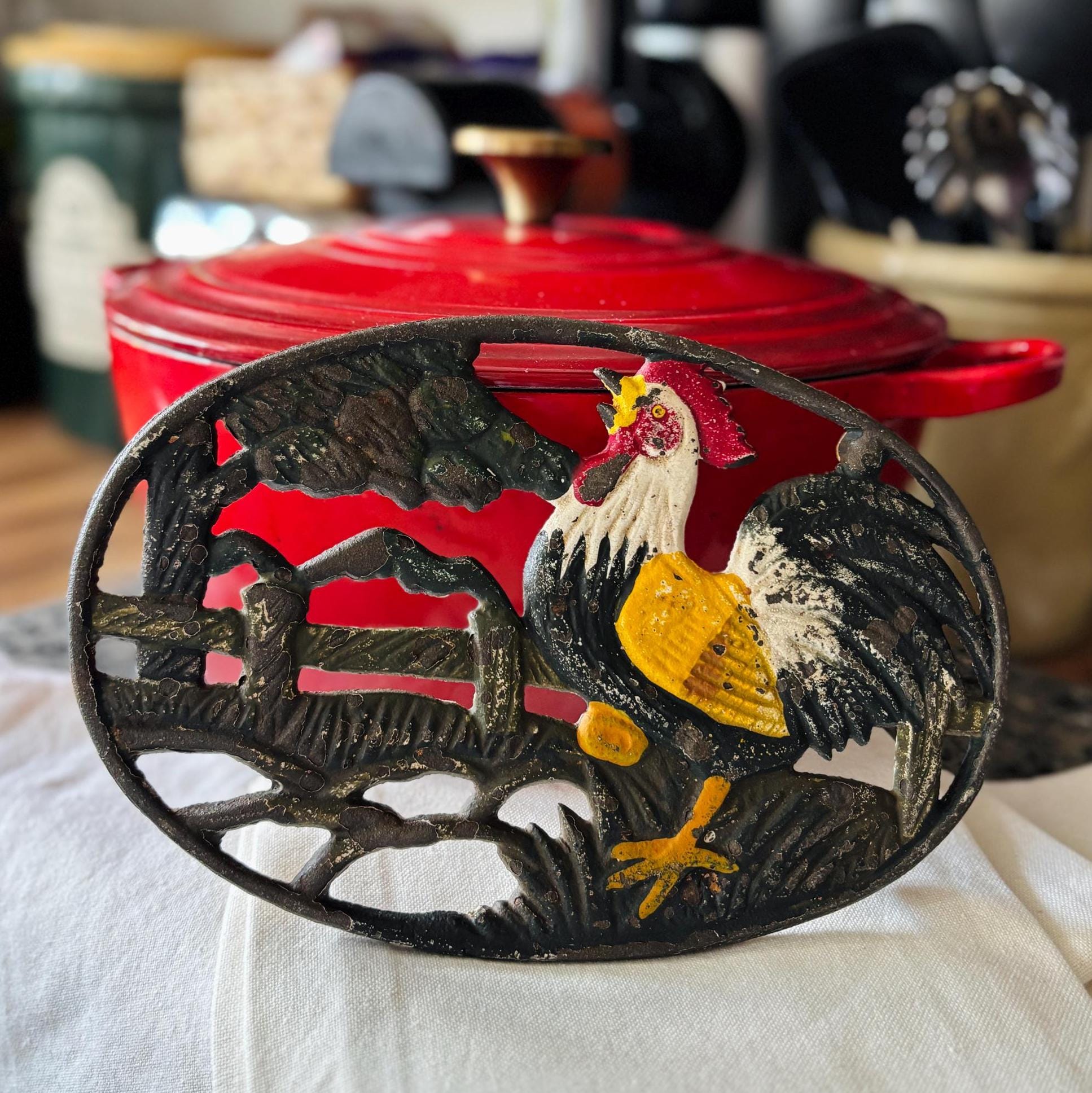 Vintage Cast Iron Rooster Trivet Farmhouse Kitchen Decor Rustic Pan Stand Country Style