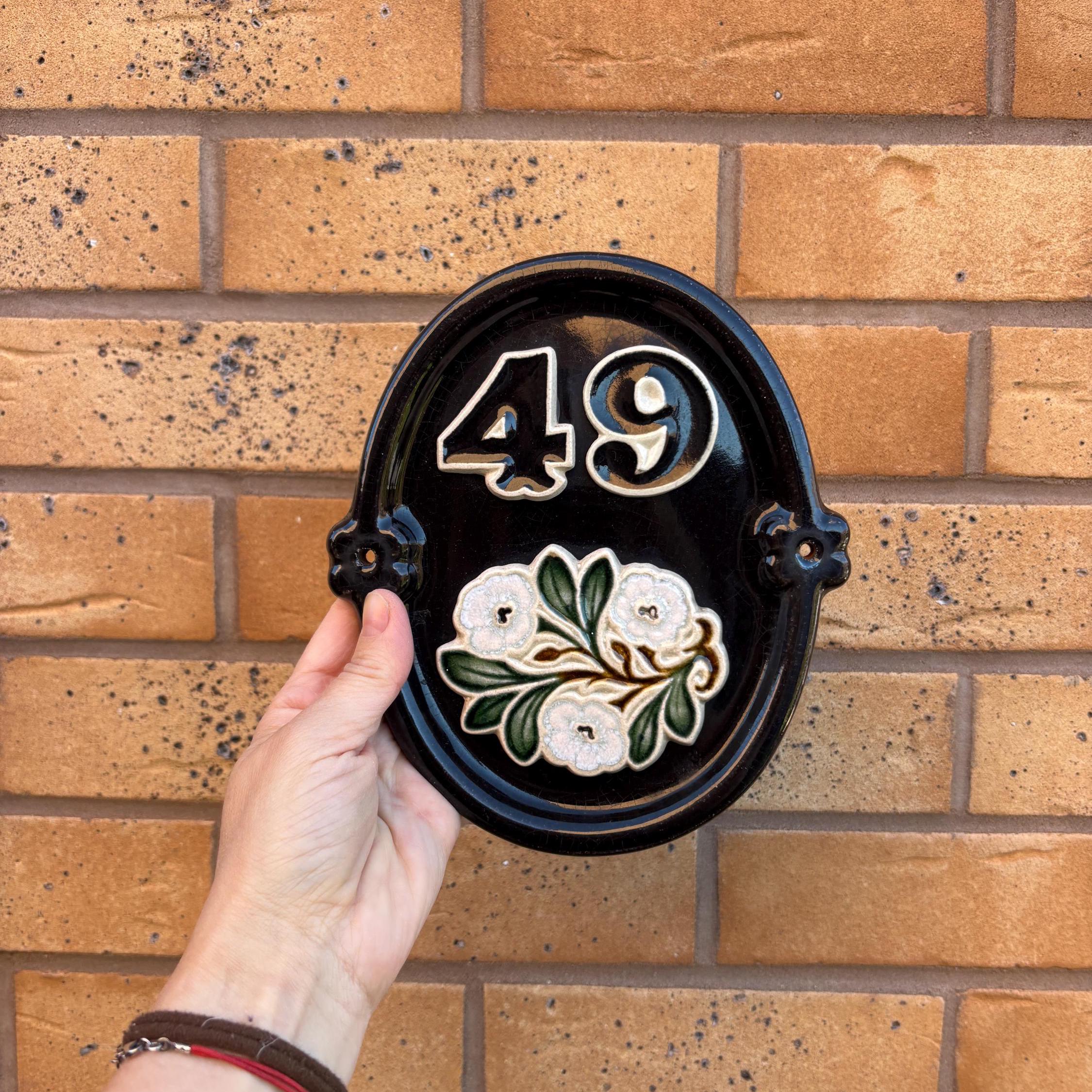 Vintage Ceramic House Number 49 Plaque Floral Door Number Sign Wall Hanging
