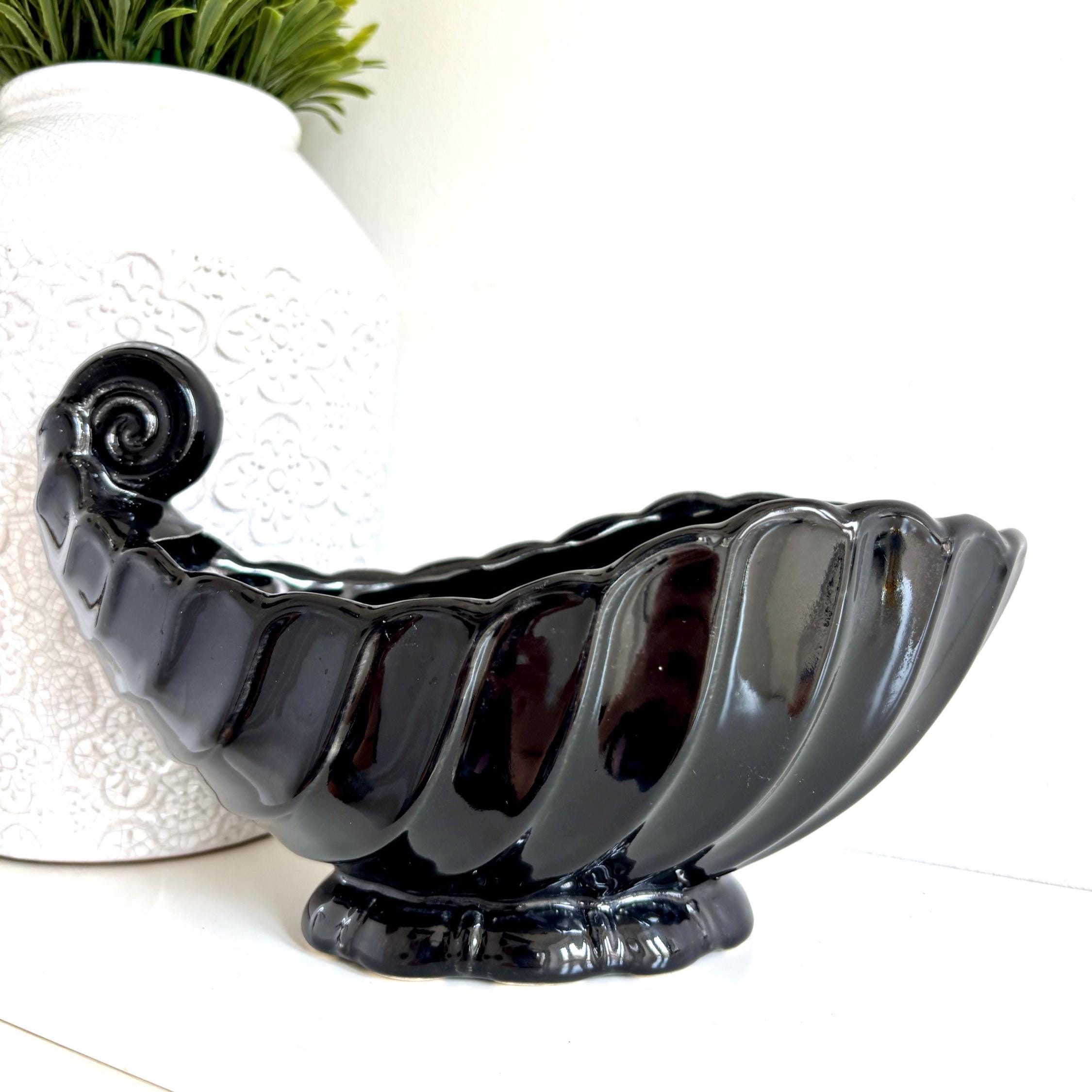 Vintage Black Ceramic Shell Vase: Mid-Century Modern Coastal Decor