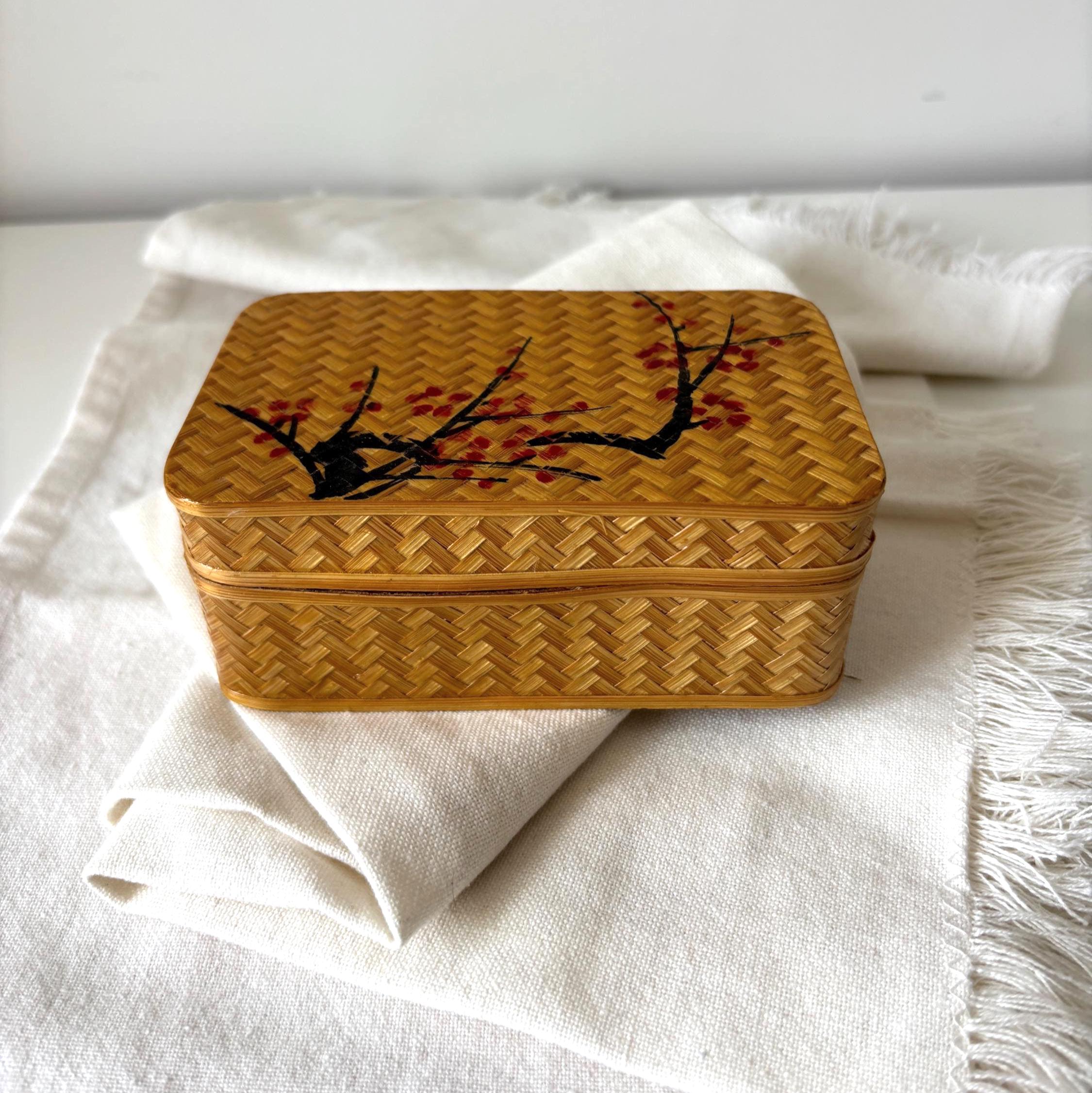 Vintage Chinese Bamboo Jewellery Box Red Velvet Interior Trinket Box With Mirror