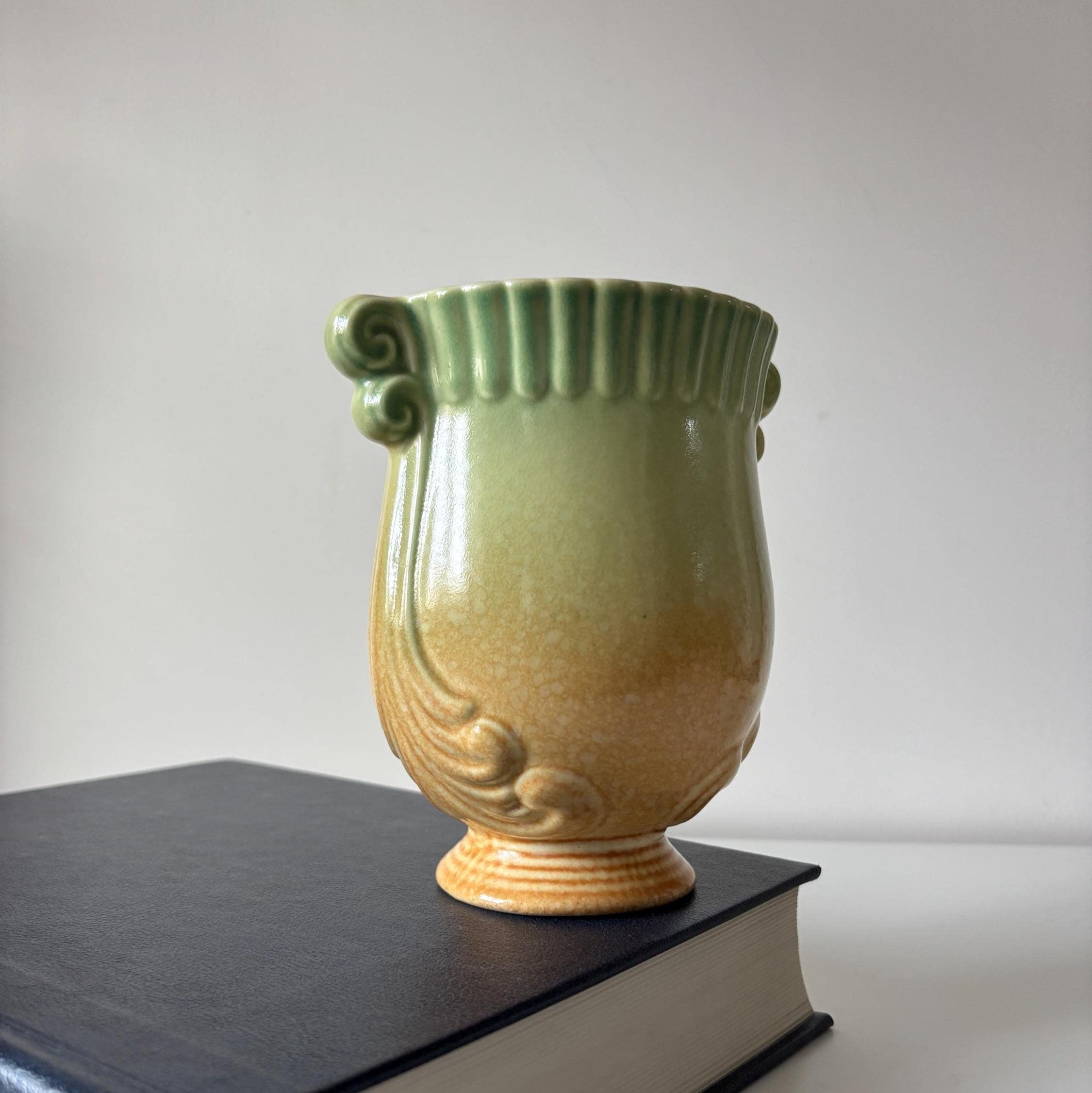 Vintage Crown Devon Art Deco Urn Vase Green Ochre Drip Glaze English Pottery