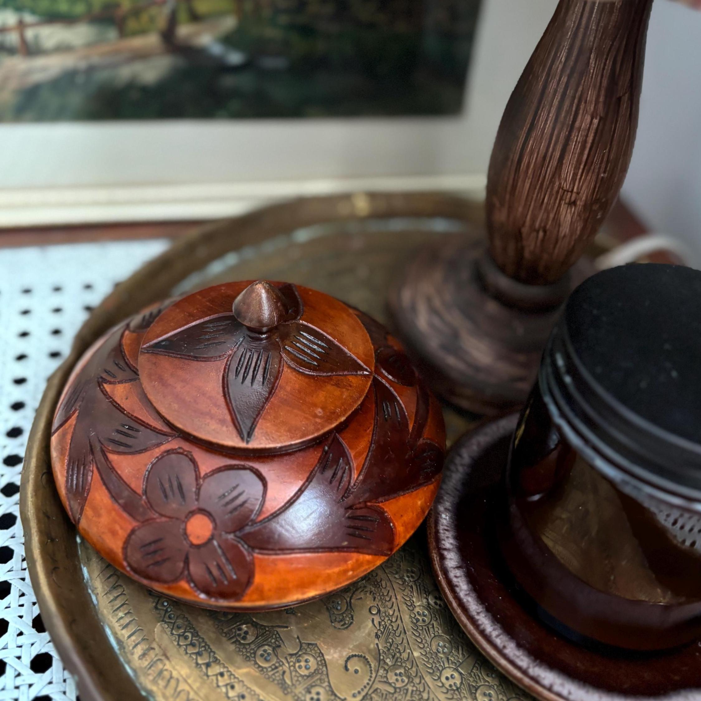 Vintage Hand-Carved Wooden Trinket Pot with Lid | Floral Folk Art | Two-Tone Hardwood