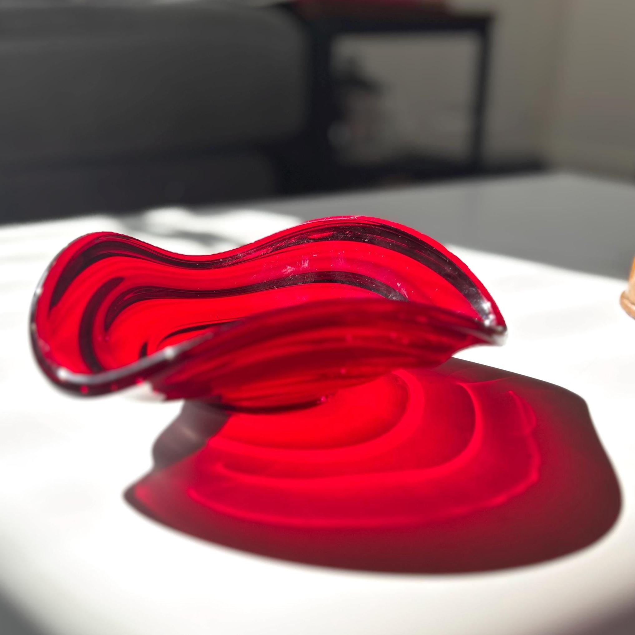 Vintage Ruby Red Art Glass Bowl Freeform Mid Century Scandinavian Style Dish