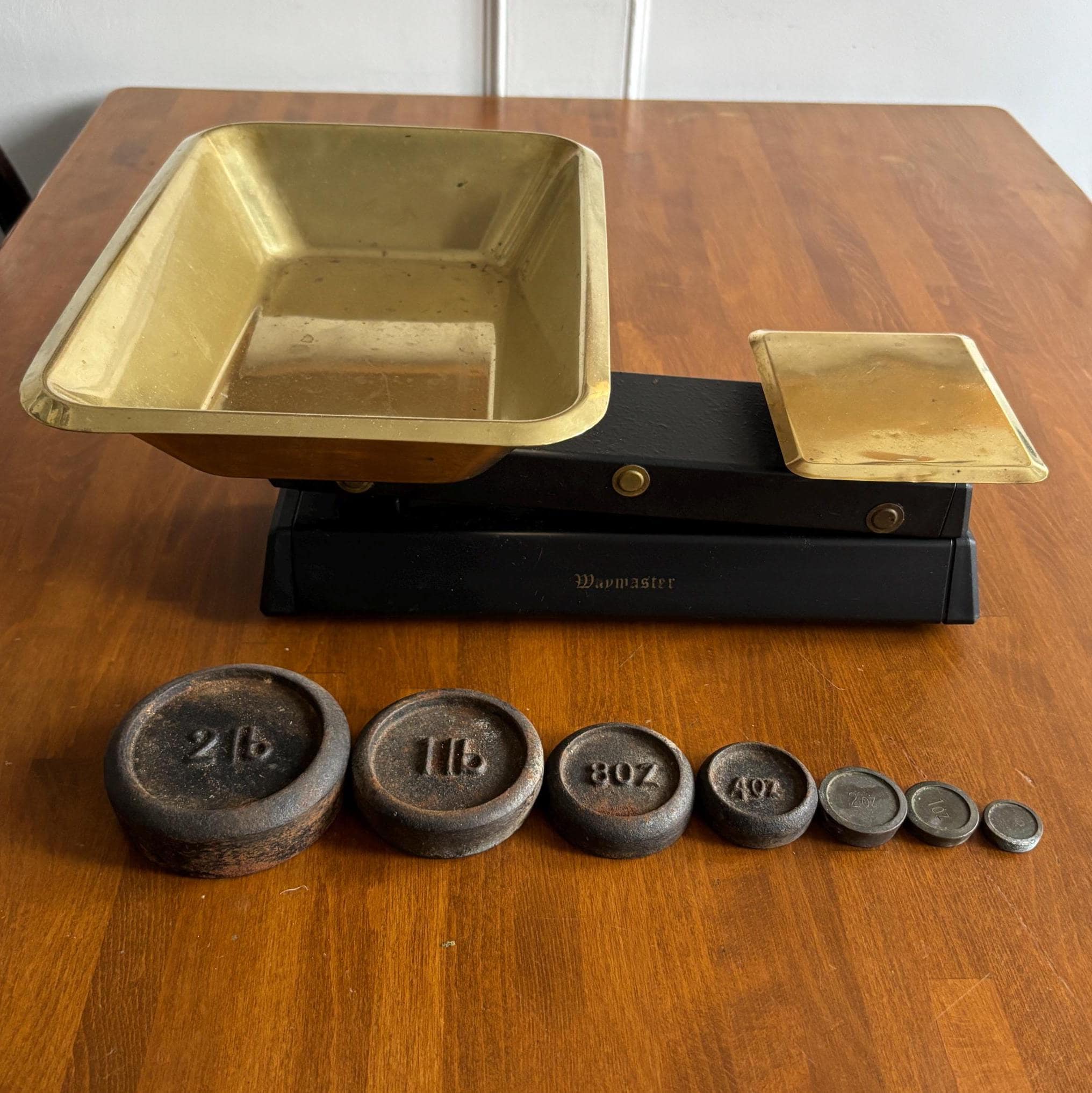 Vintage Waymaster Kitchen Scales with Brass Pan & 7 Original Weights