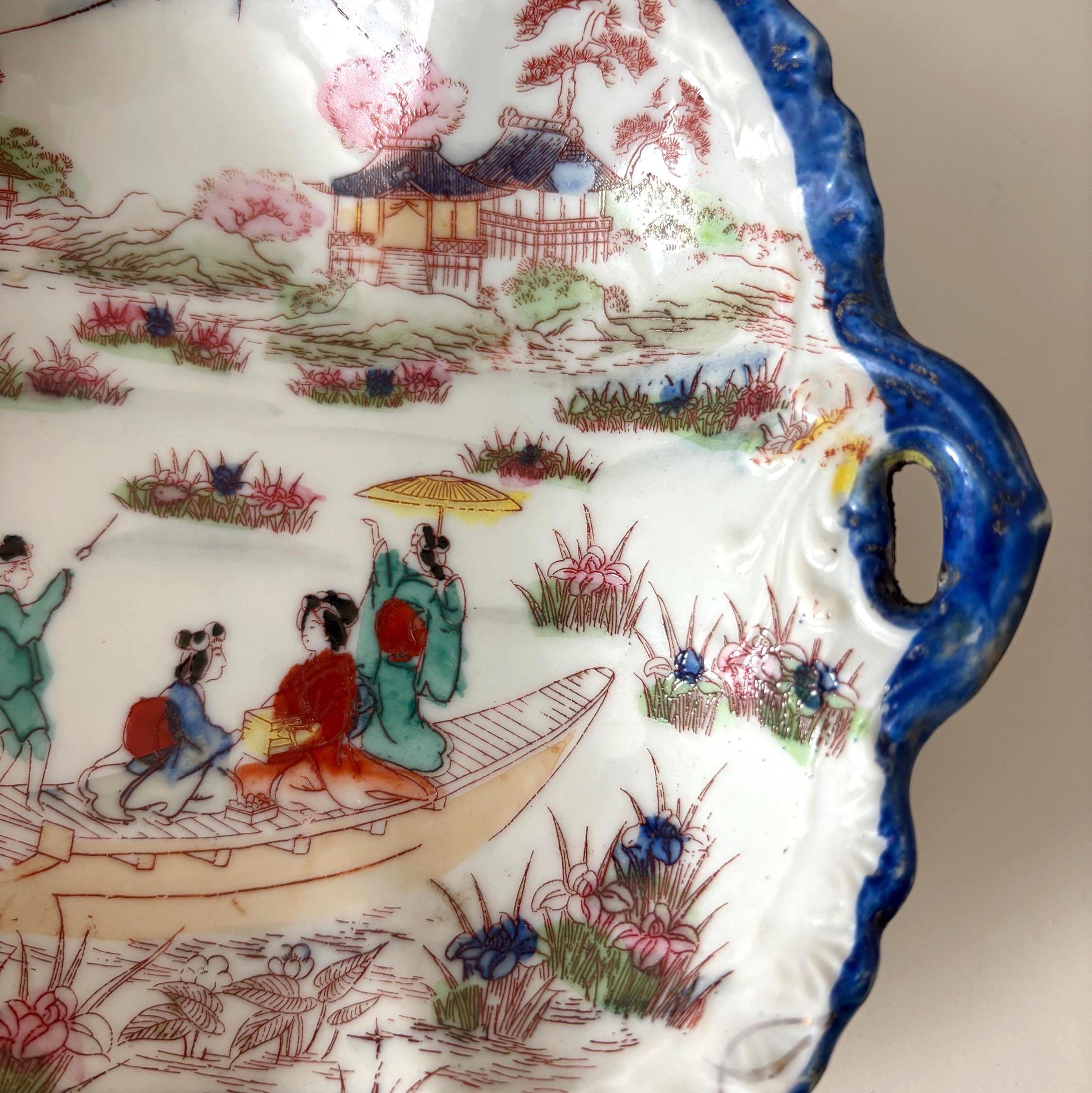 Vintage Japan Porcelain Dish Scenic Geisha Boat Mount Fuji Bowl