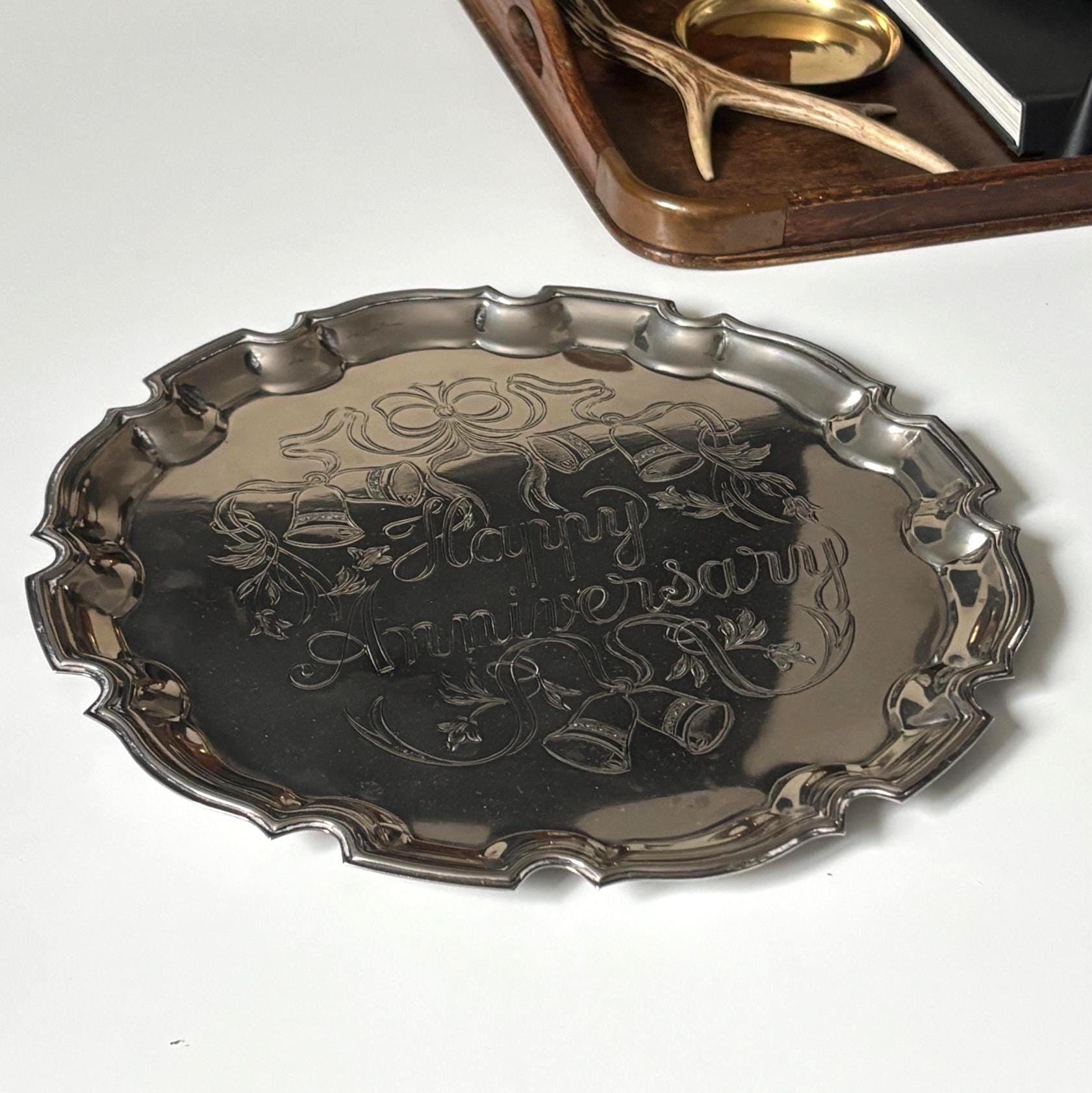 Vintage Cavalier Silver Plated Happy Anniversary Tray – Made in England – Decorative Wedding Bells Tray