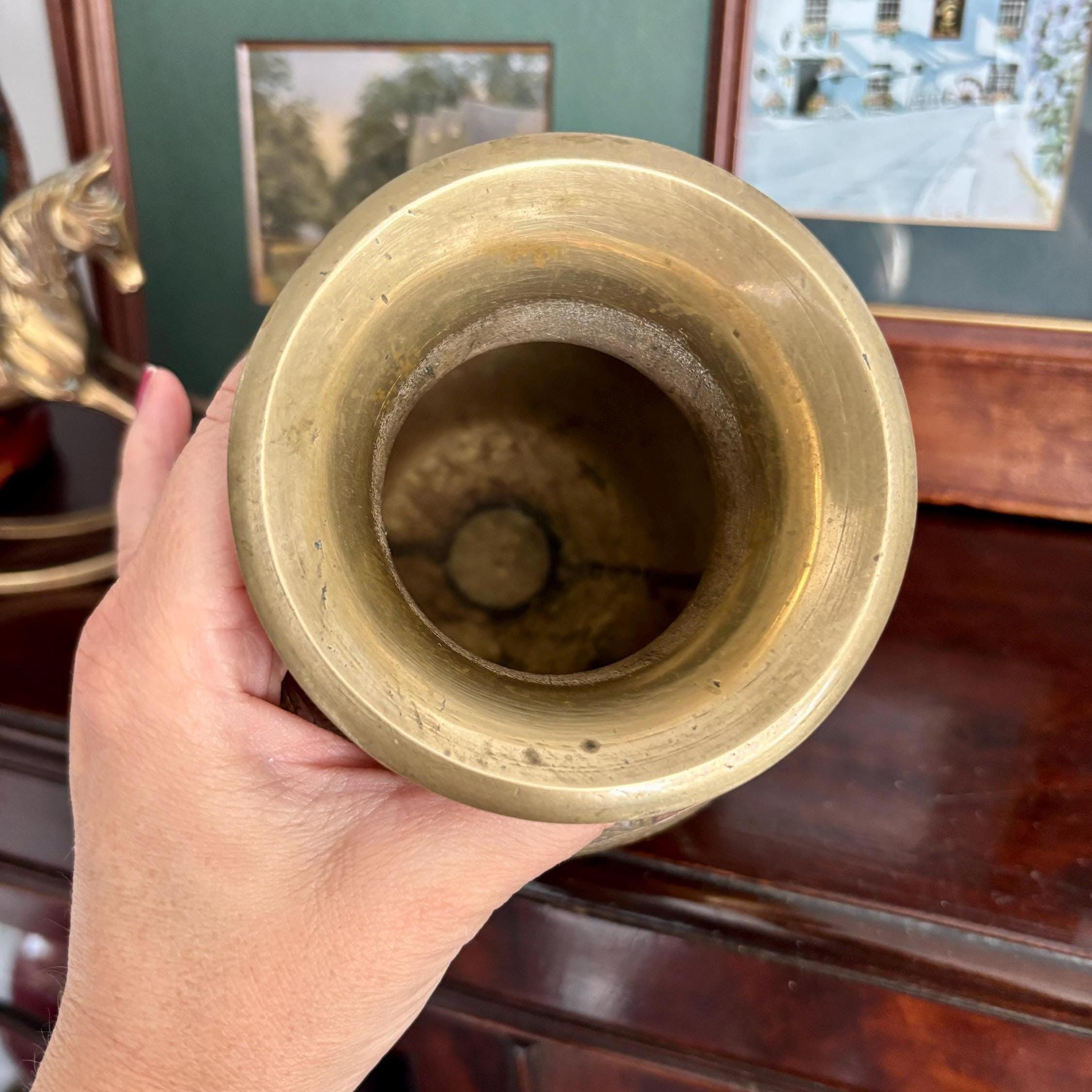 Vintage Indian Solid Brass Vase | Hand-Engraved Copper & White Metal Inlay