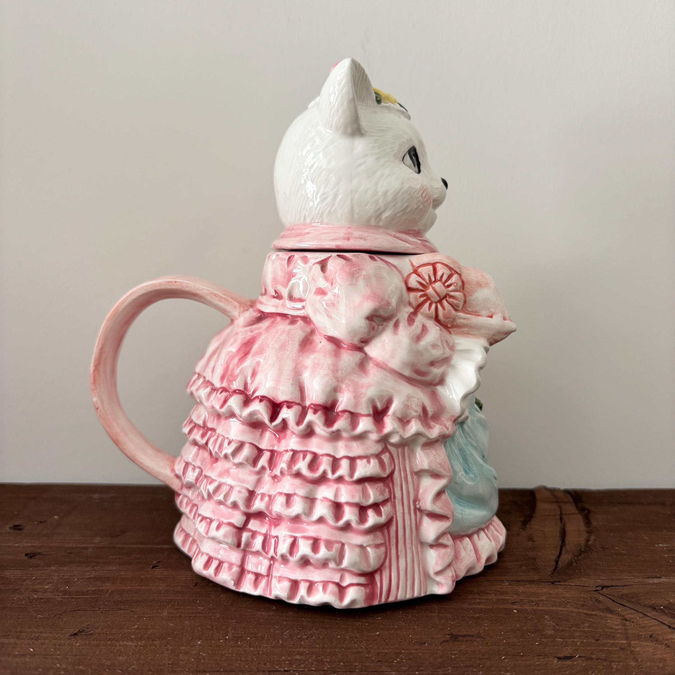 Vintage Ceramic Cat Teapot Victorian Lady Kitty Coffee Pot Pink Novelty Collectible Decor